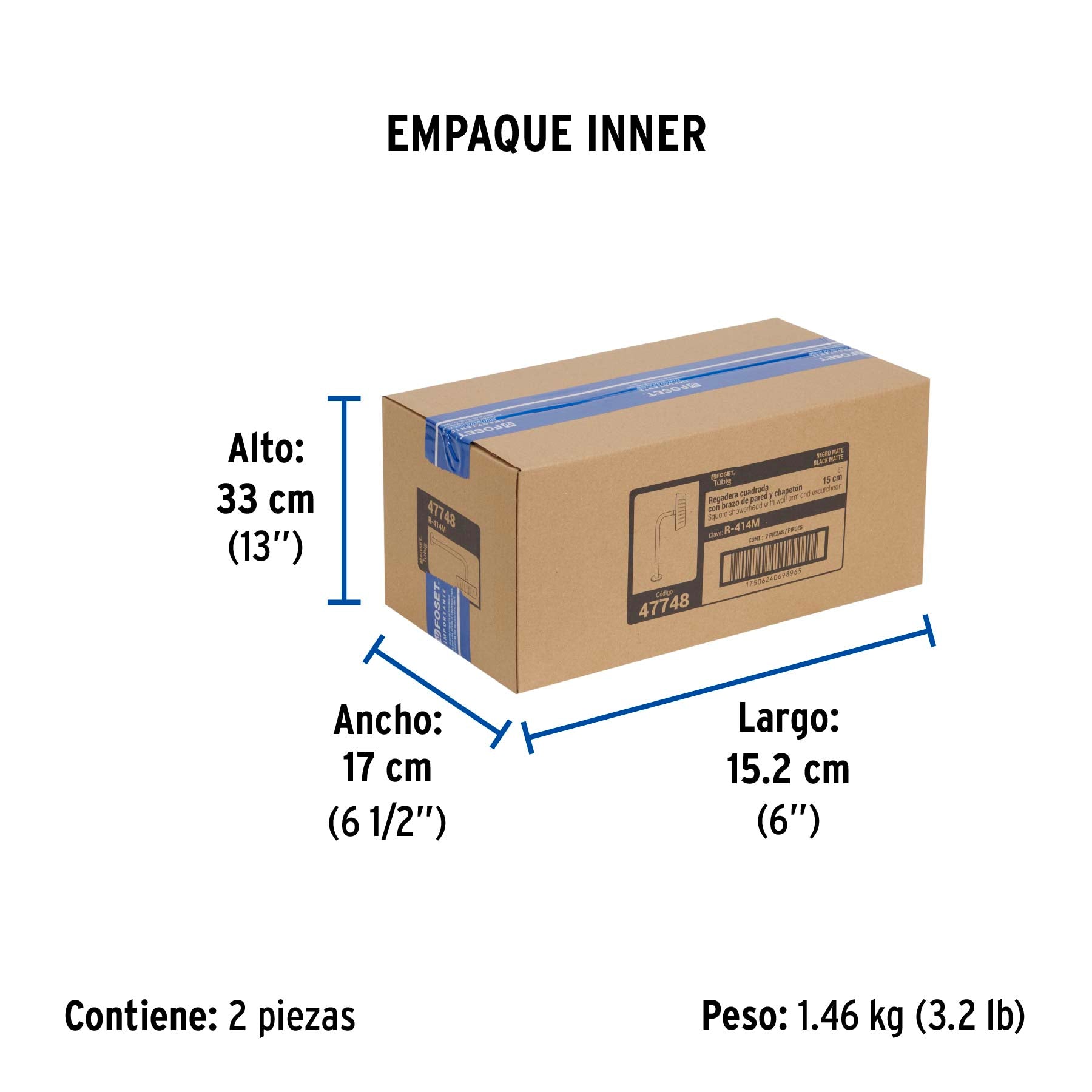 Regadera cuadrada 6", acero inox, con brazo, negro, TÚBIG - Empaque