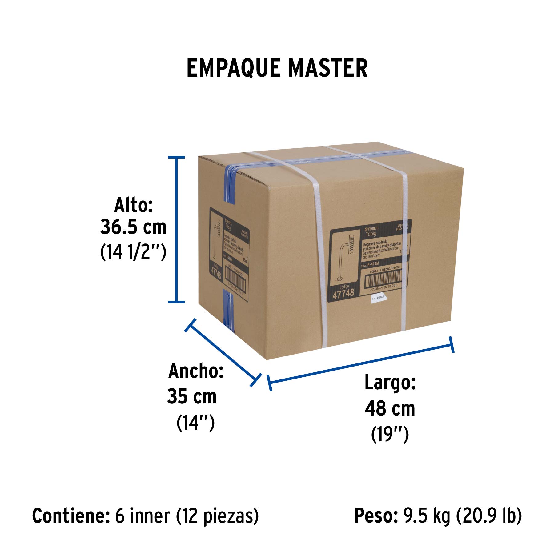 Regadera cuadrada 6", acero inox, con brazo, negro, TÚBIG - Empaque