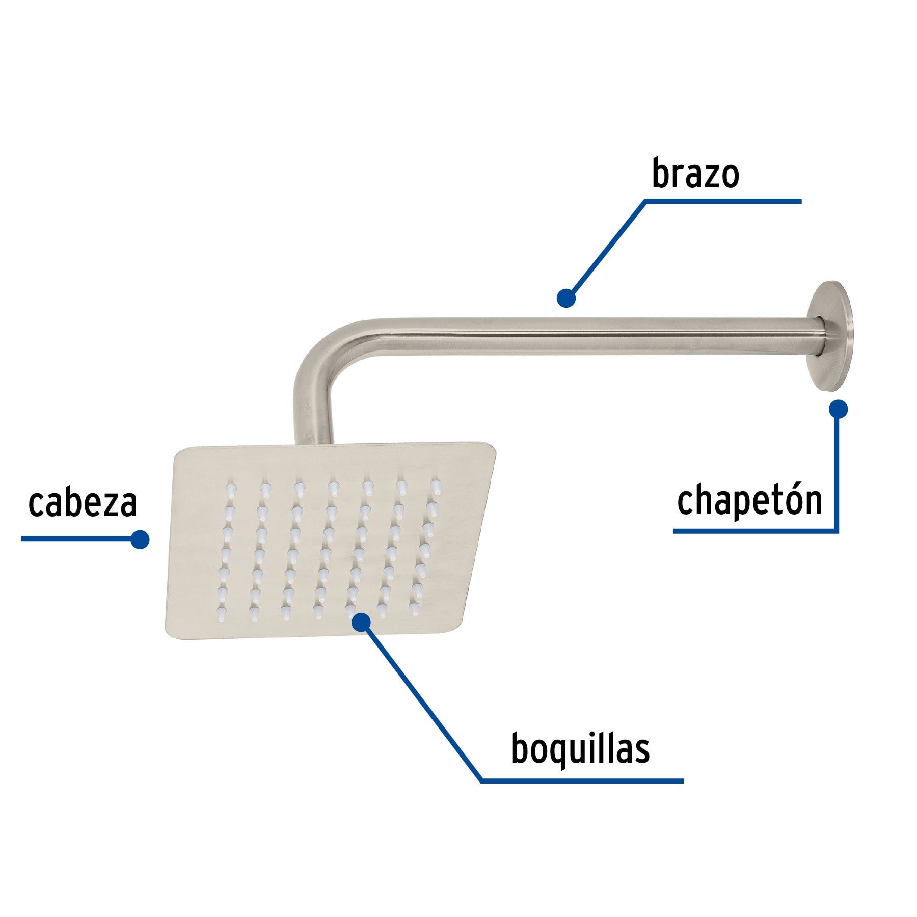 Regadera cuadrada 6", acero inox, con brazo, satín, TÚBIG