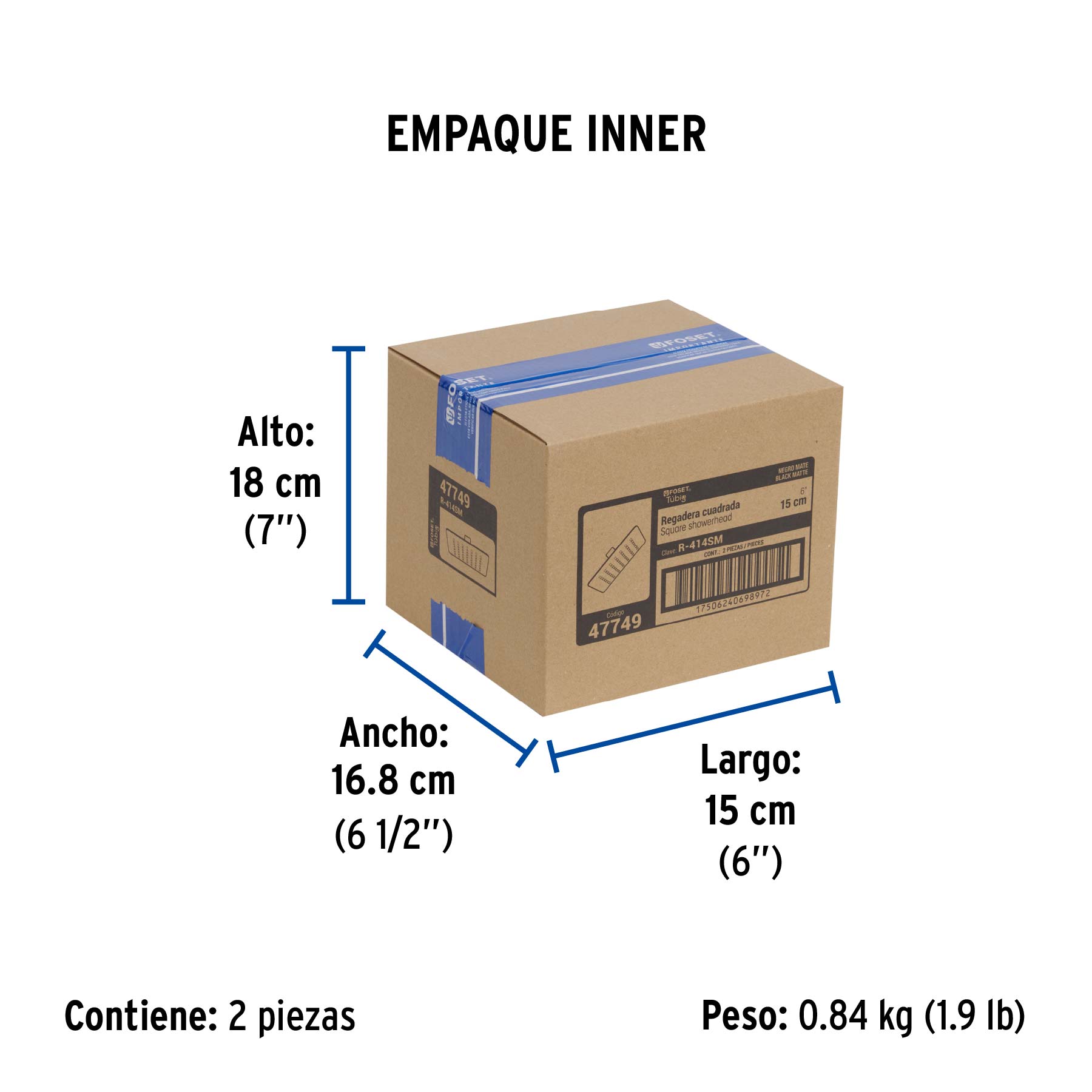 Regadera cuadrada 6", acero inox, sin brazo, negro, TÚBIG - Empaque