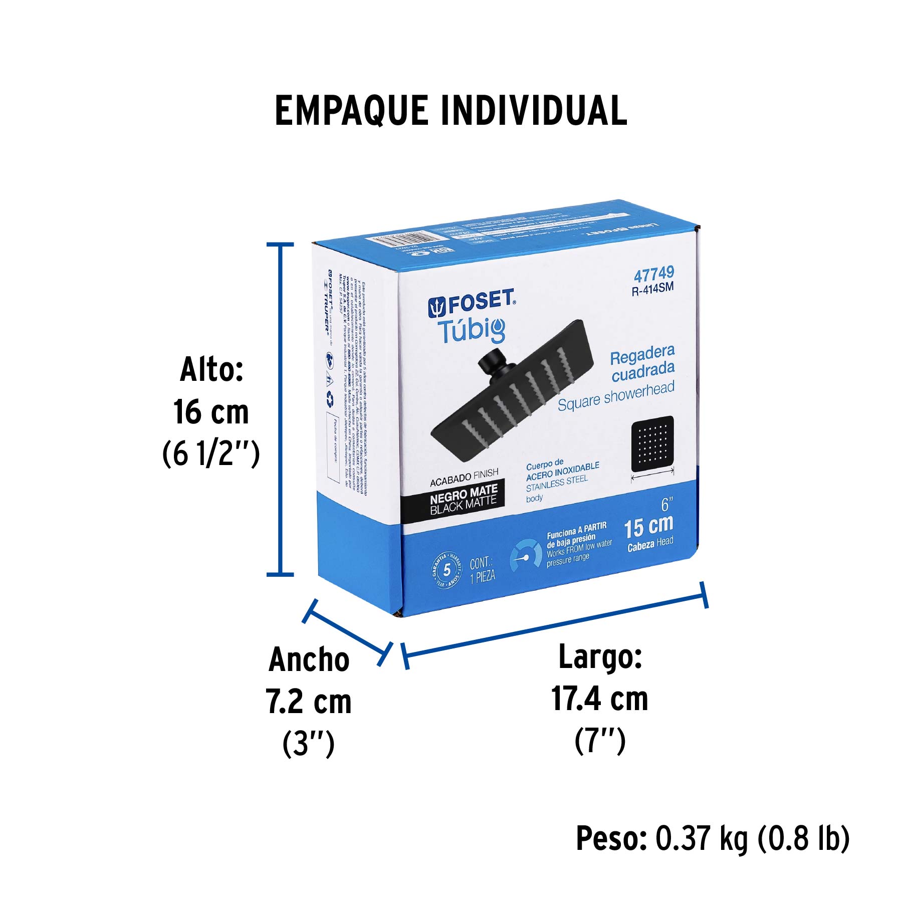 Regadera cuadrada 6", acero inox, sin brazo, negro, TÚBIG - Empaque
