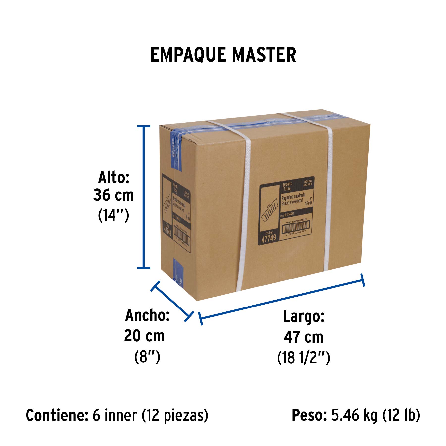 Regadera cuadrada 6", acero inox, sin brazo, negro, TÚBIG - Empaque