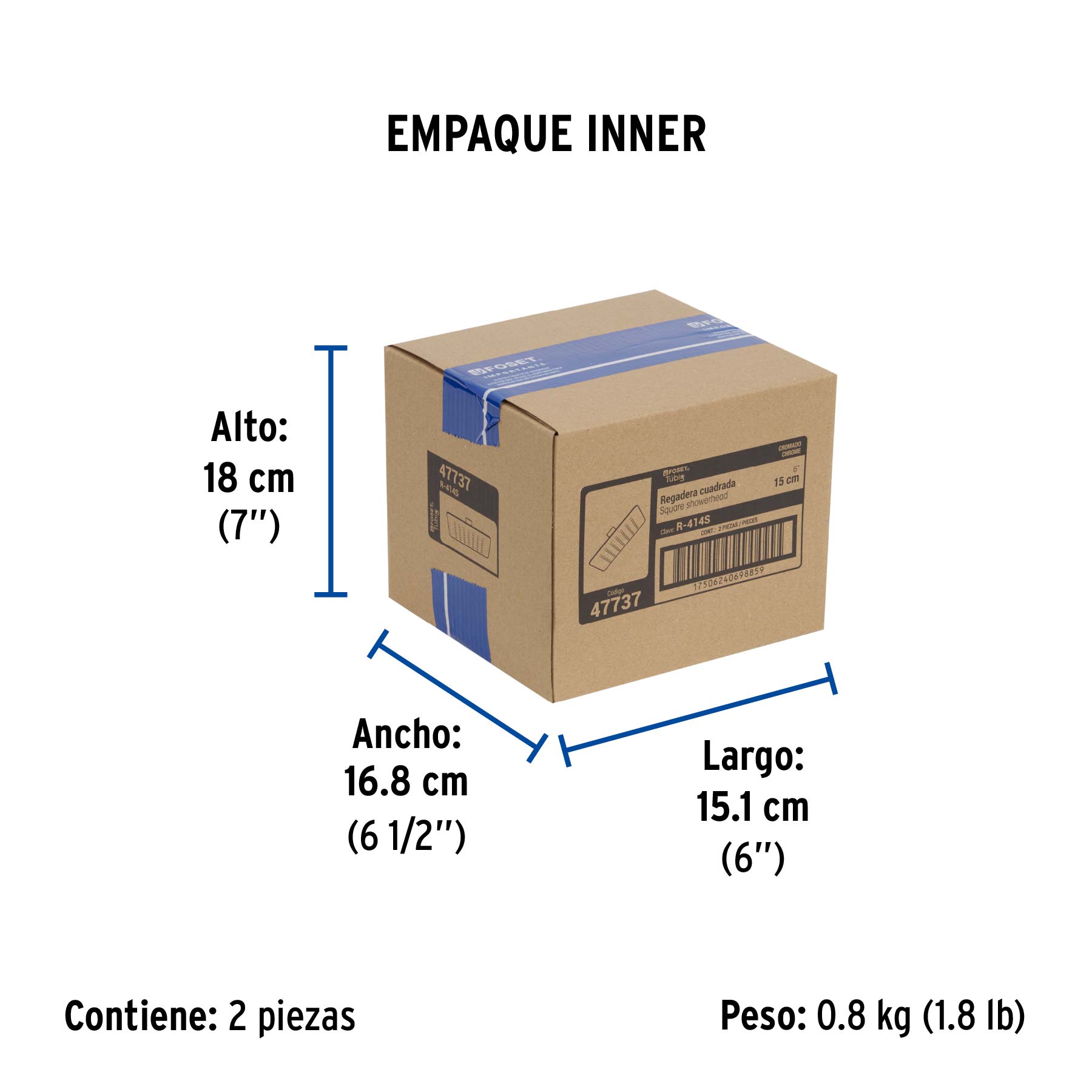 Regadera cuadrada 6", acero inox, sin brazo, cromo, TÚBIG - Empaque
