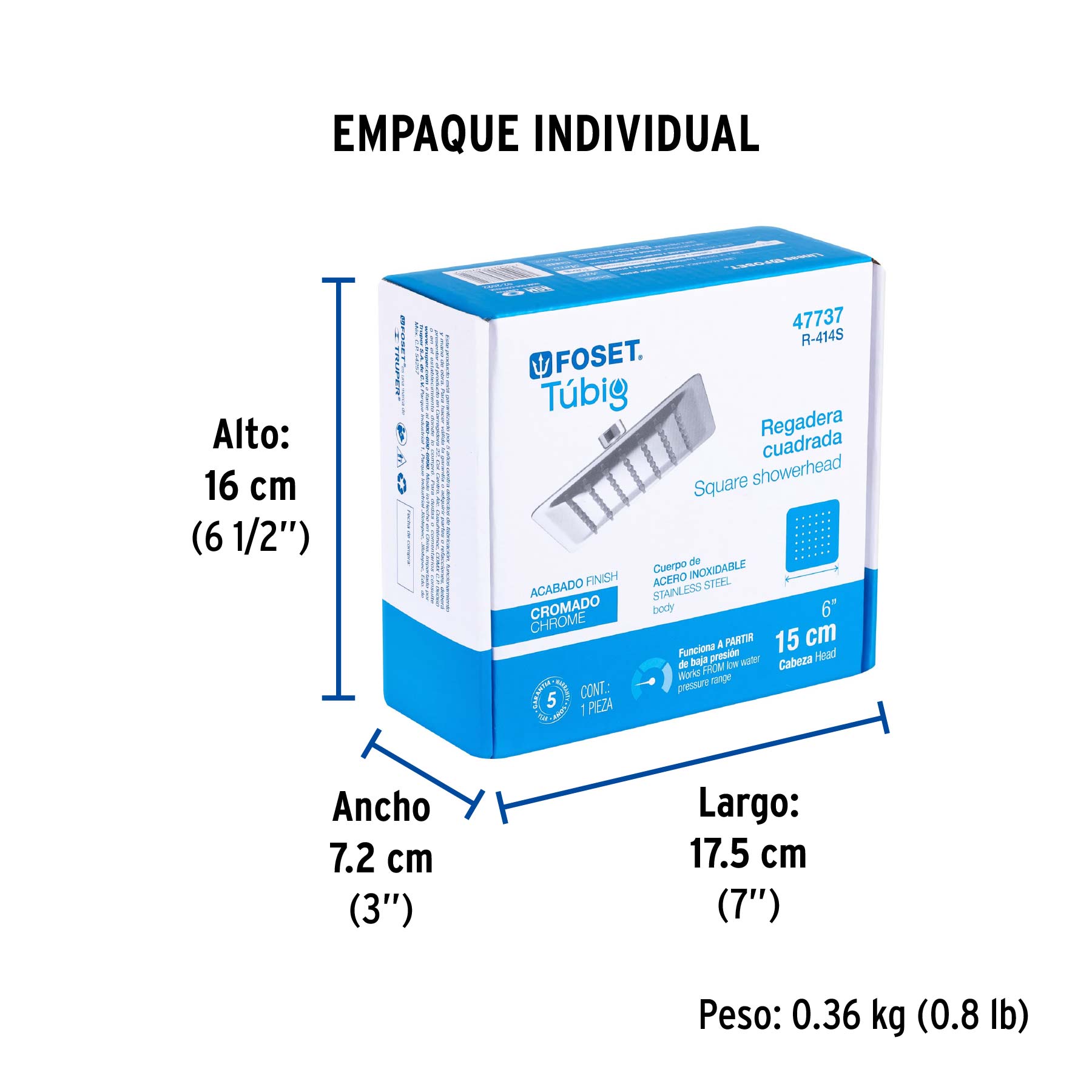 Regadera cuadrada 6", acero inox, sin brazo, cromo, TÚBIG - Empaque