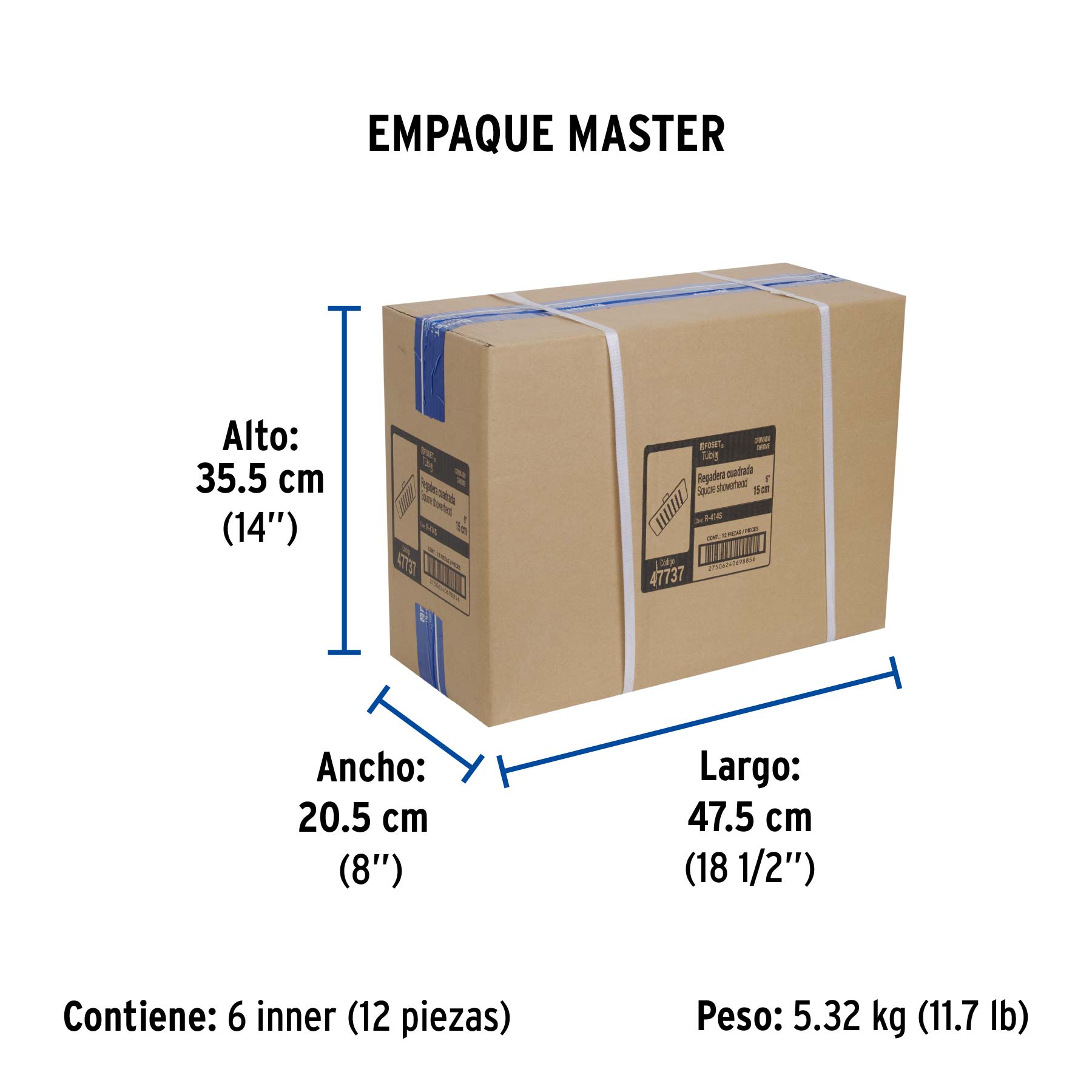 Regadera cuadrada 6", acero inox, sin brazo, cromo, TÚBIG - Empaque