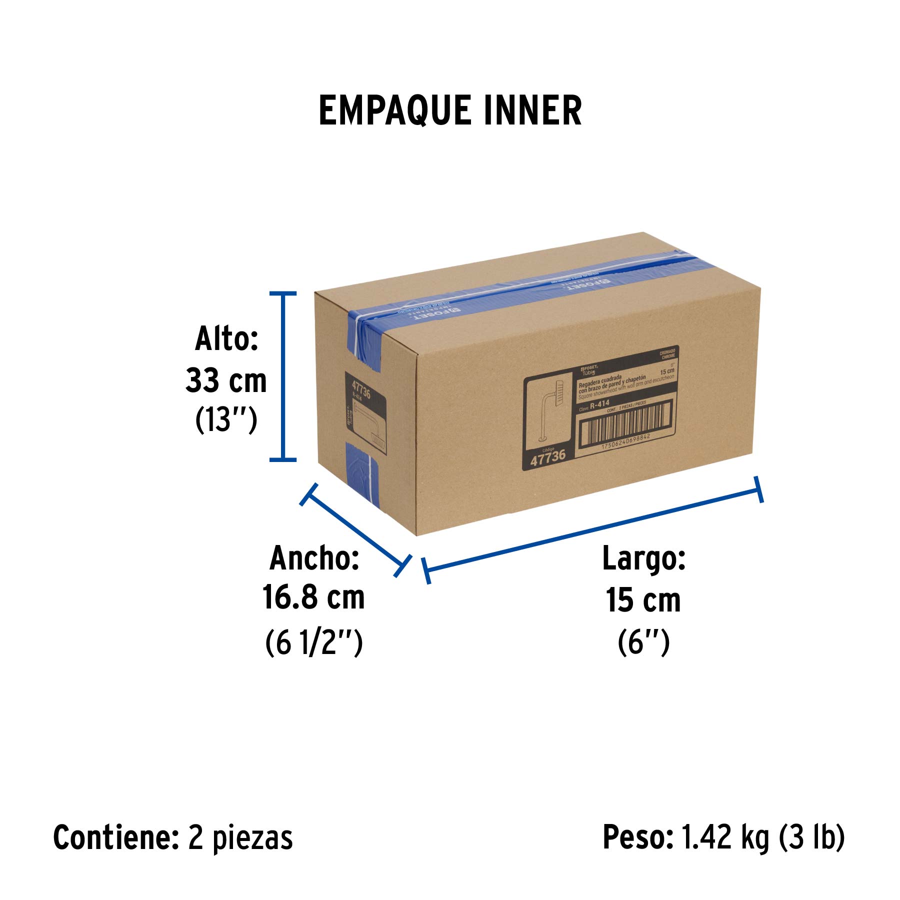 Regadera cuadrada 6", acero inox, con brazo, cromo, TÚBIG - Empaque