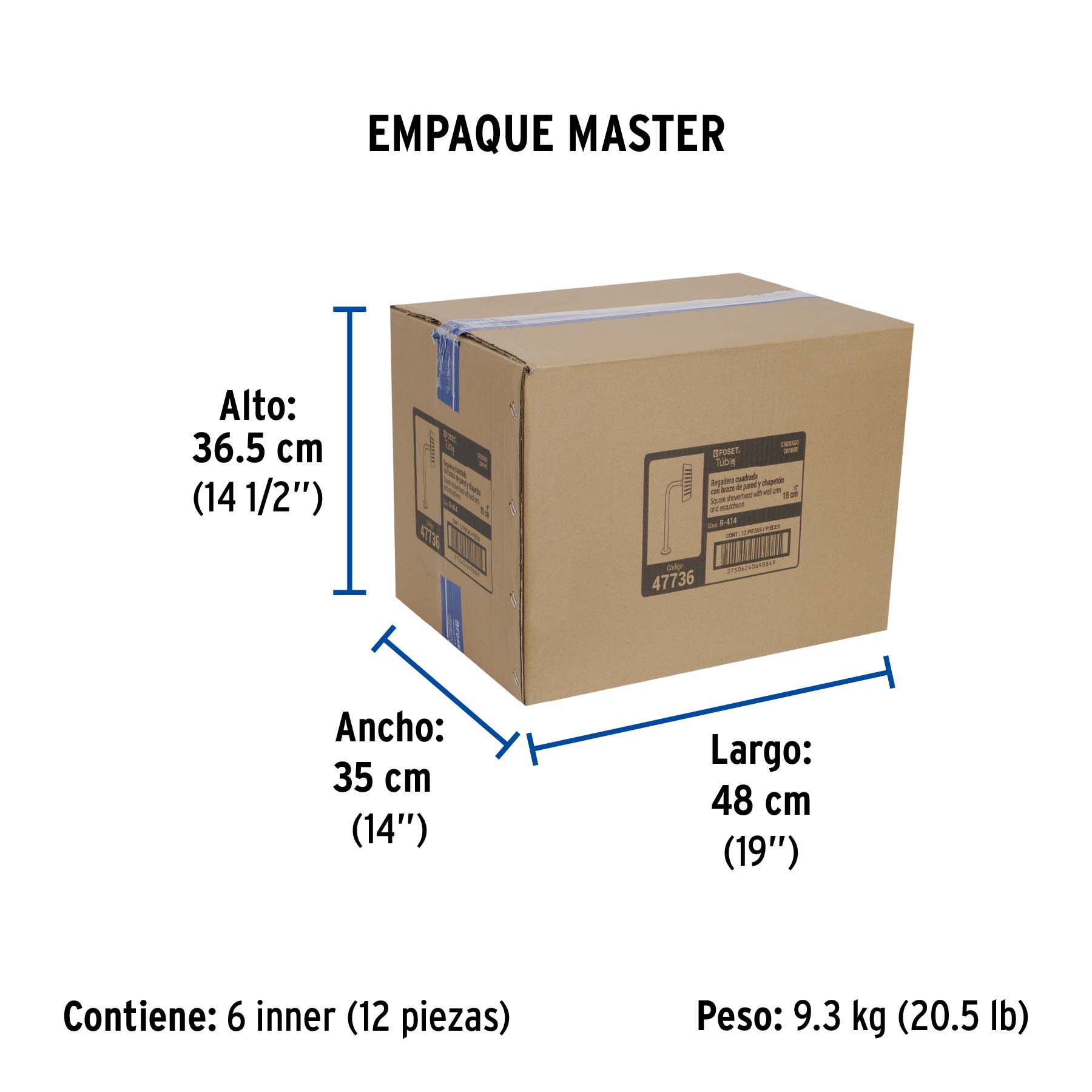 Regadera cuadrada 6", acero inox, con brazo, cromo, TÚBIG - Empaque