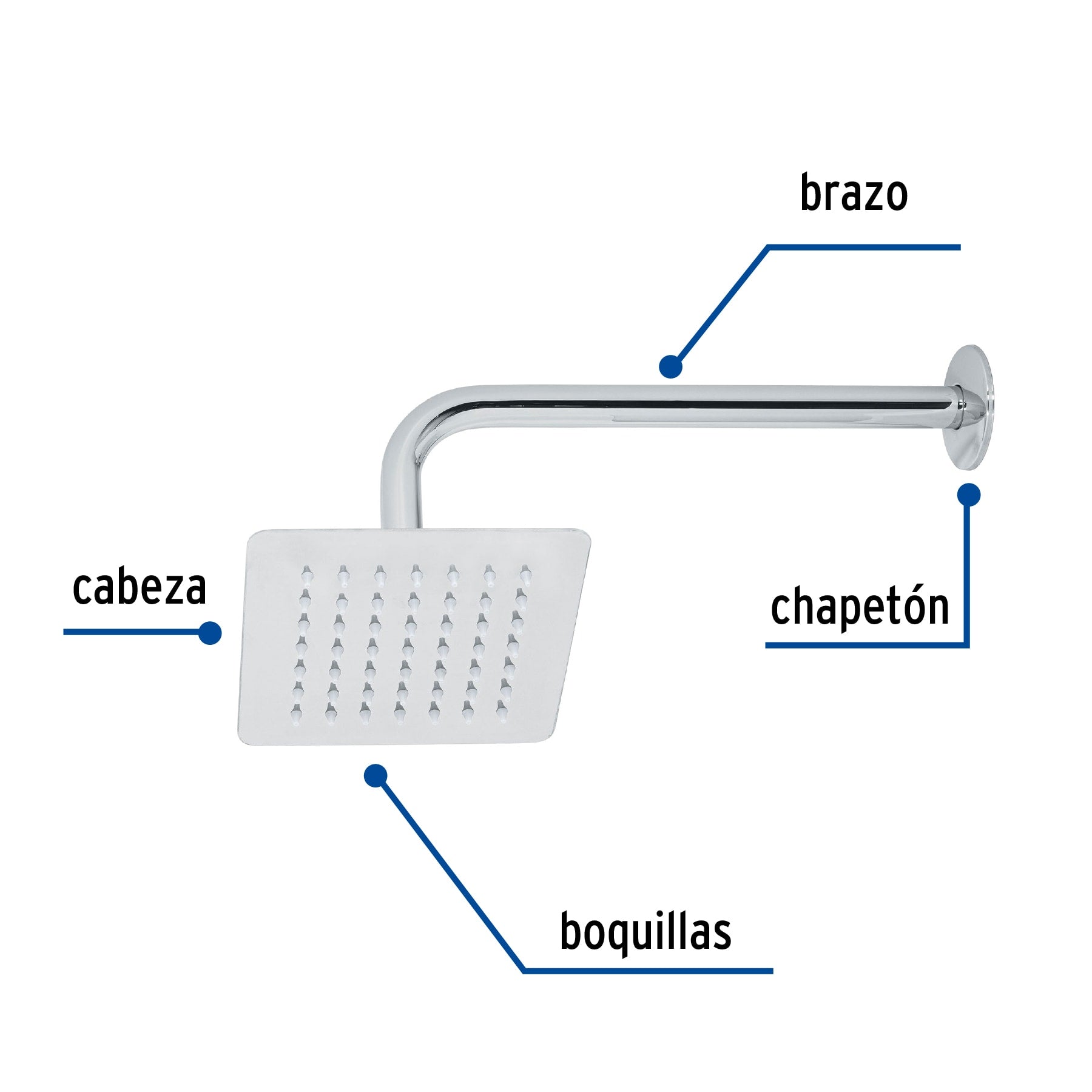 Regadera cuadrada 6", acero inox, con brazo, cromo, TÚBIG