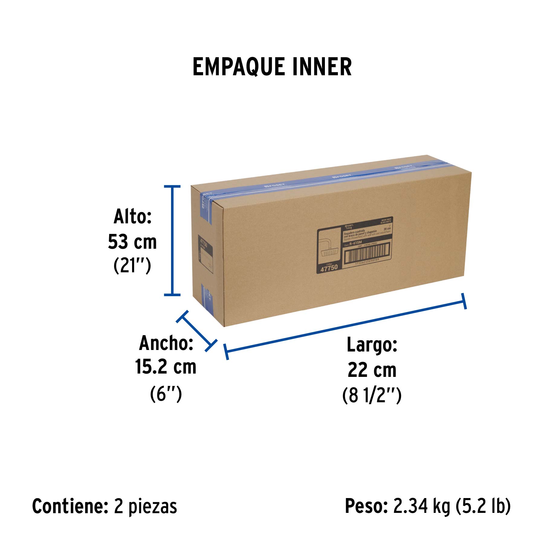 Regadera cuadrada 8", acero inox, con brazo, negro, TÚBIG - Empaque
