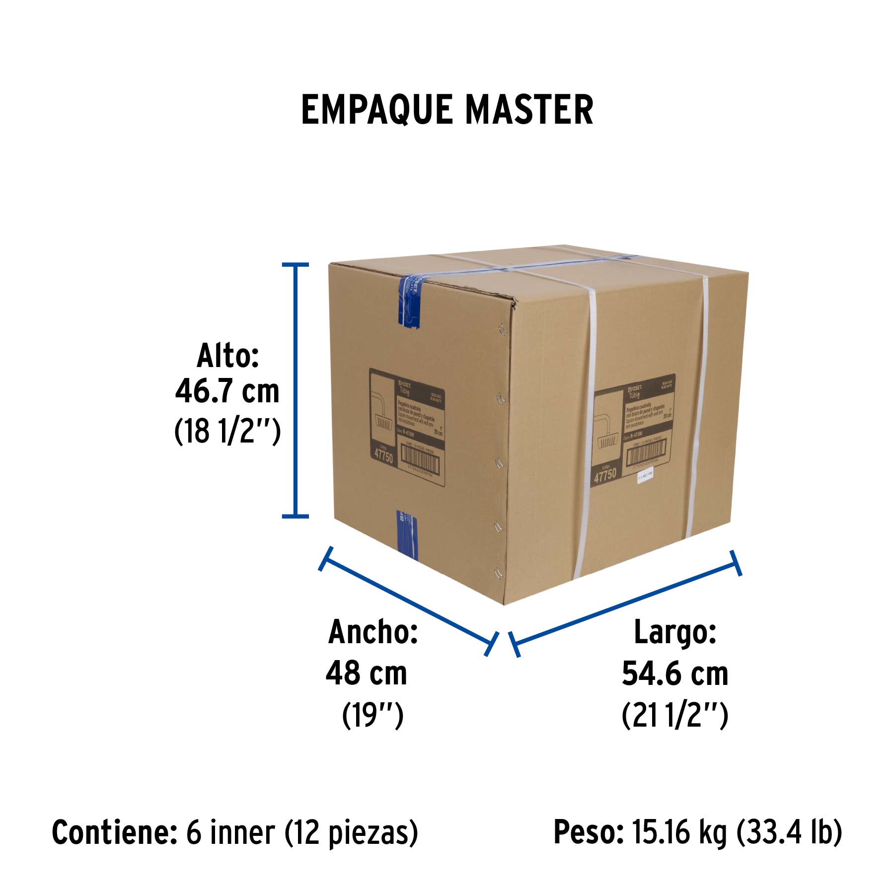 Regadera cuadrada 8", acero inox, con brazo, negro, TÚBIG - Empaque