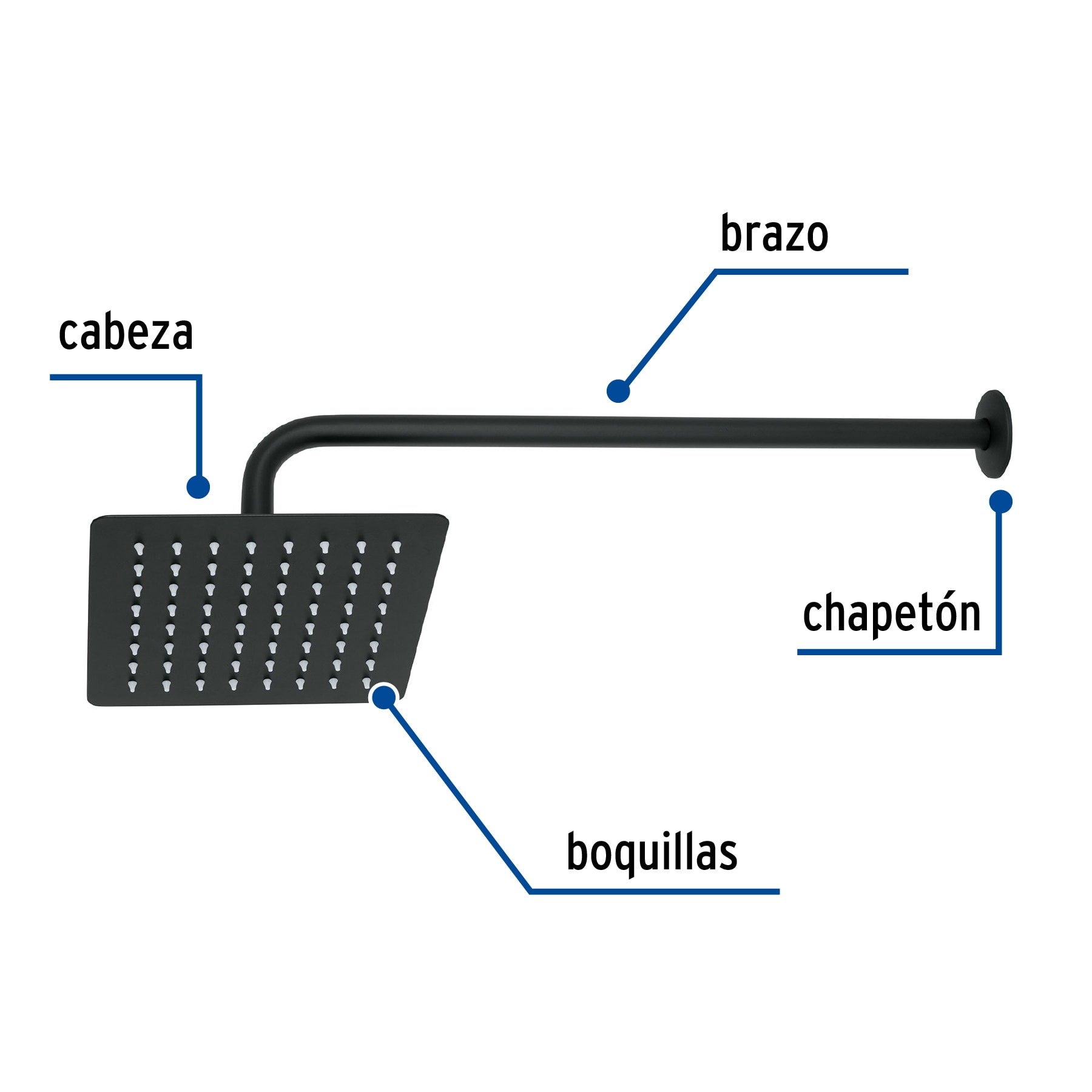 Regadera cuadrada 8", acero inox, con brazo, negro, TÚBIG