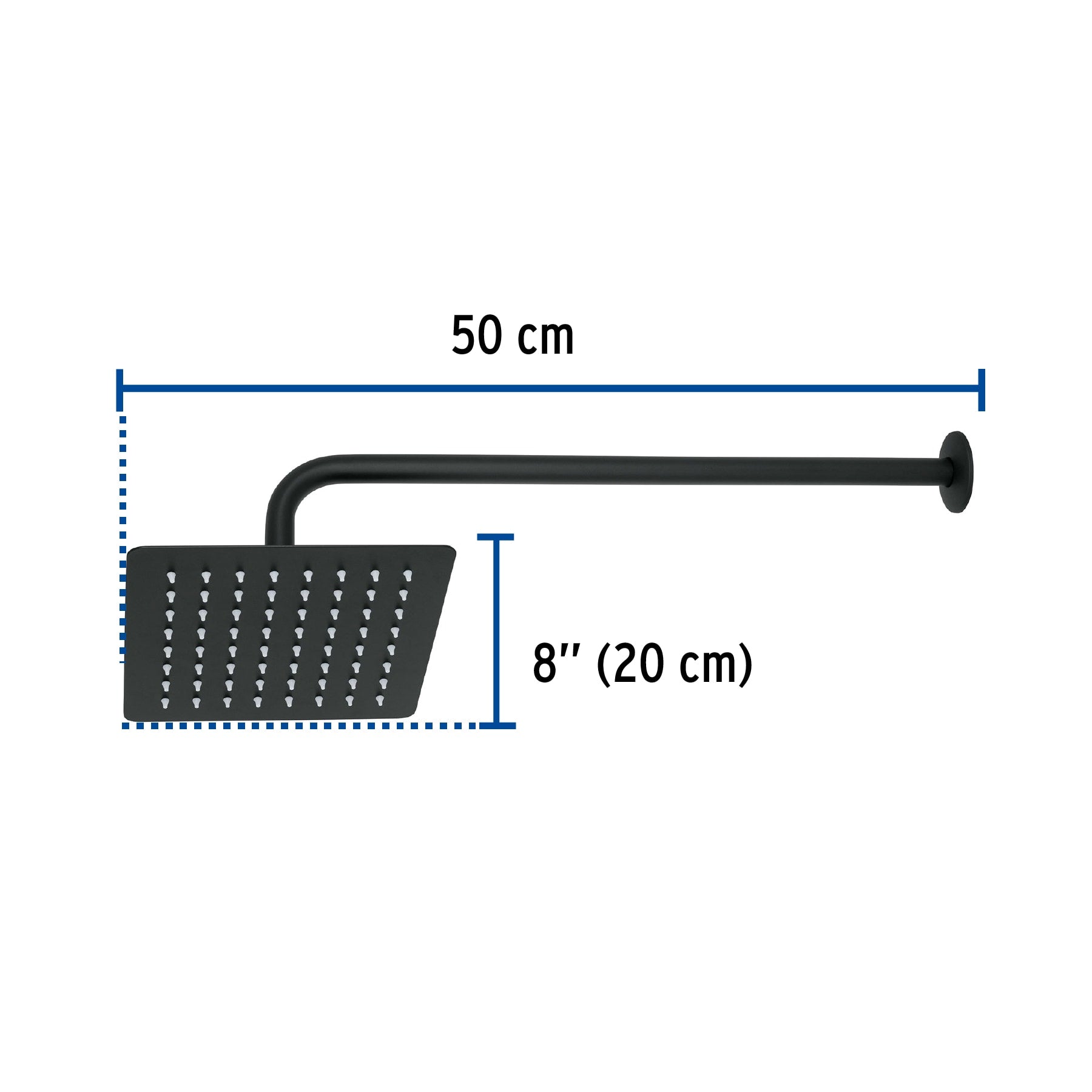 Regadera cuadrada 8", acero inox, con brazo, negro, TÚBIG