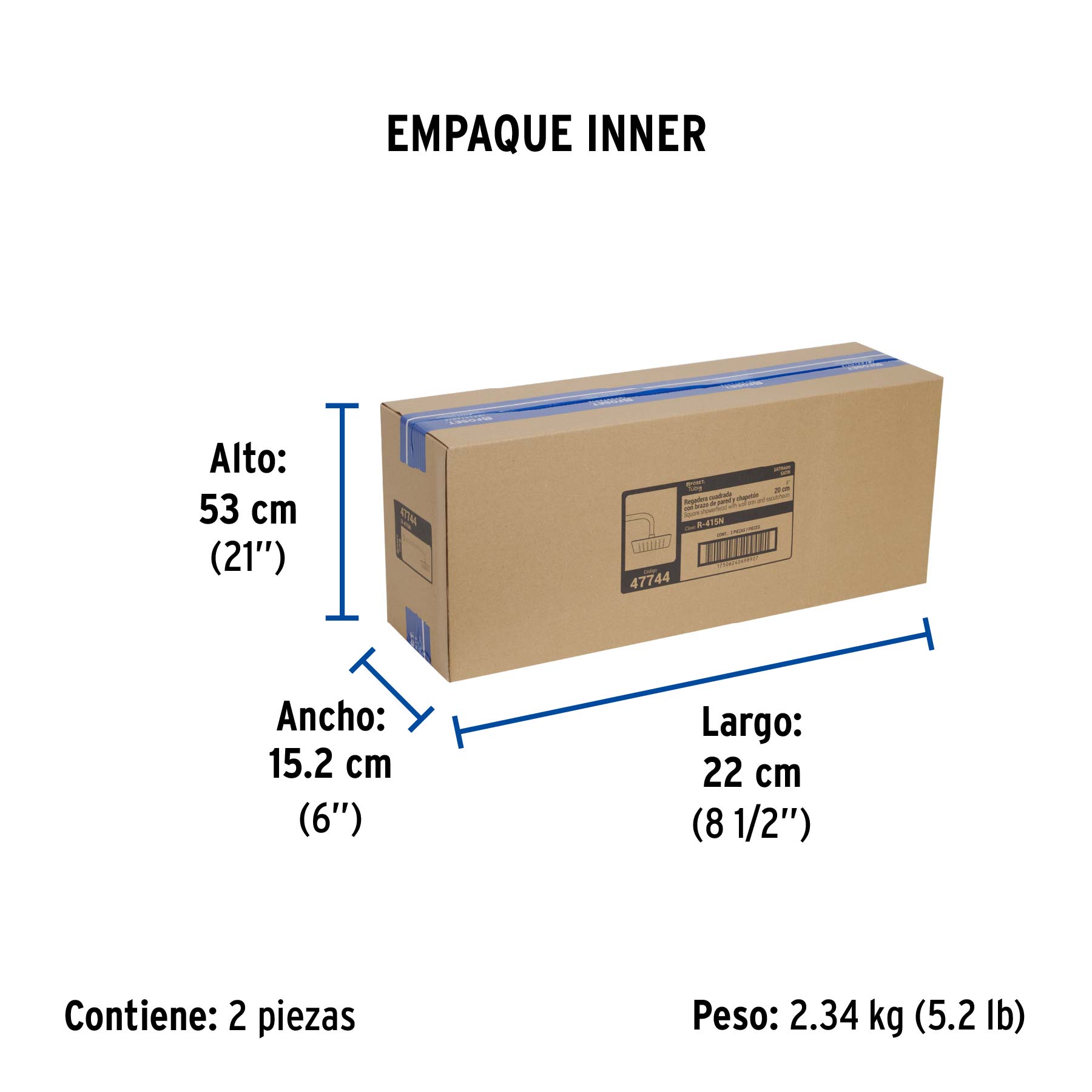 Regadera cuadrada 8", acero inox, con brazo, satín, TÚBIG - Empaque