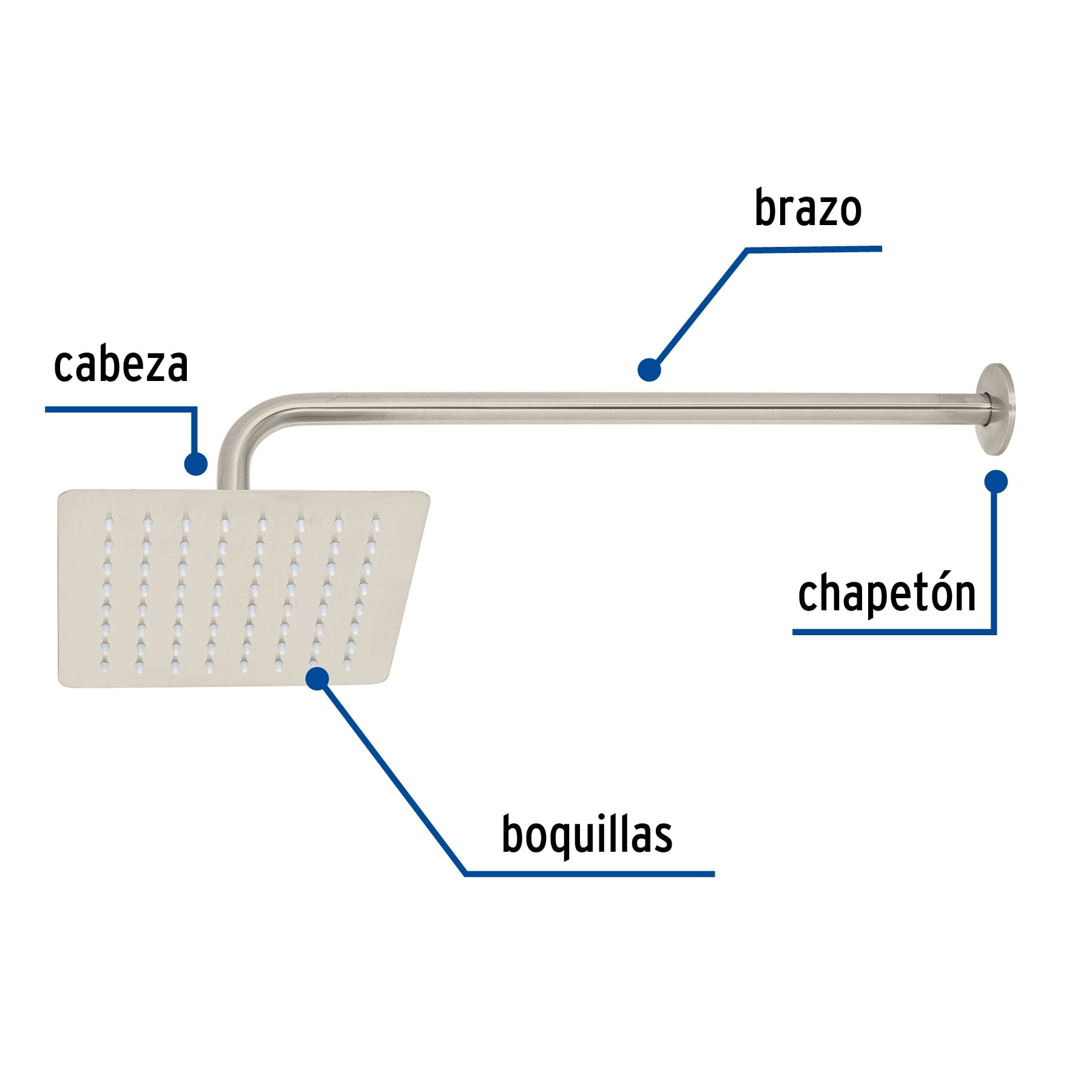 Regadera cuadrada 8", acero inox, con brazo, satín, TÚBIG