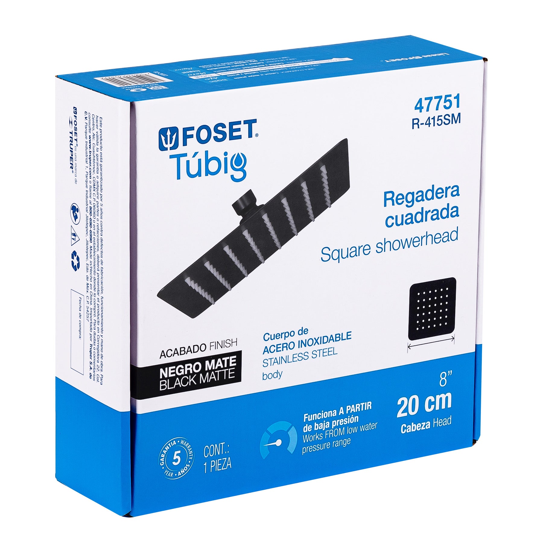 Regadera cuadrada 8", acero inox, sin brazo, negro, TÚBIG