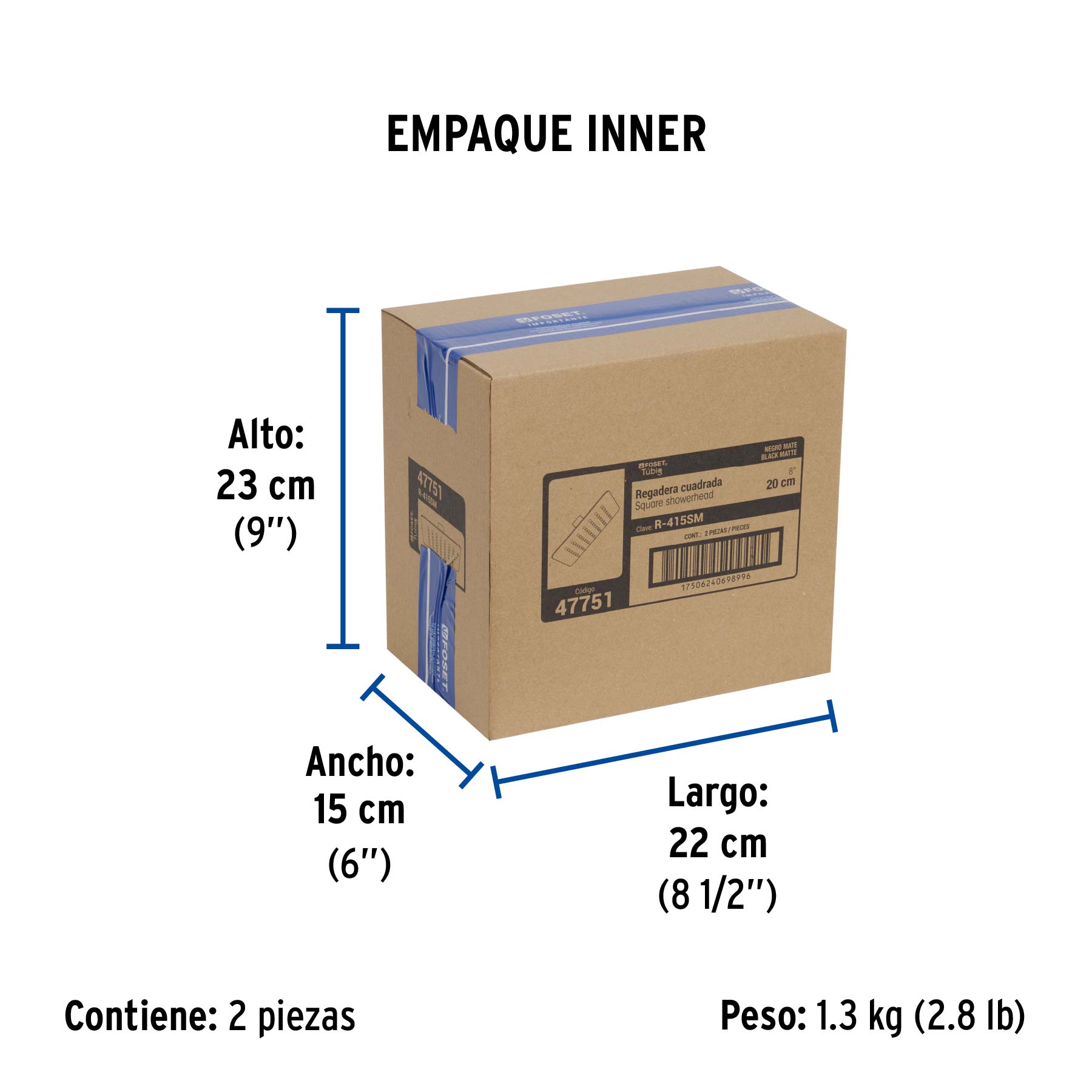 Regadera cuadrada 8", acero inox, sin brazo, negro, TÚBIG - Empaque