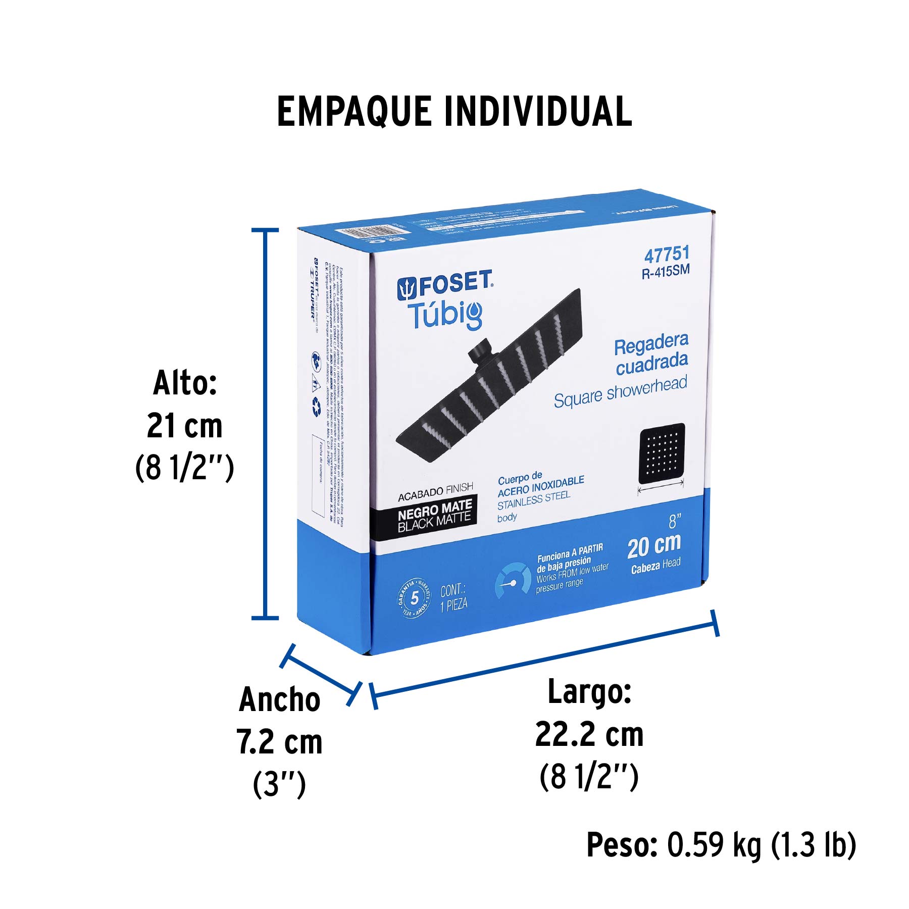 Regadera cuadrada 8", acero inox, sin brazo, negro, TÚBIG - Empaque