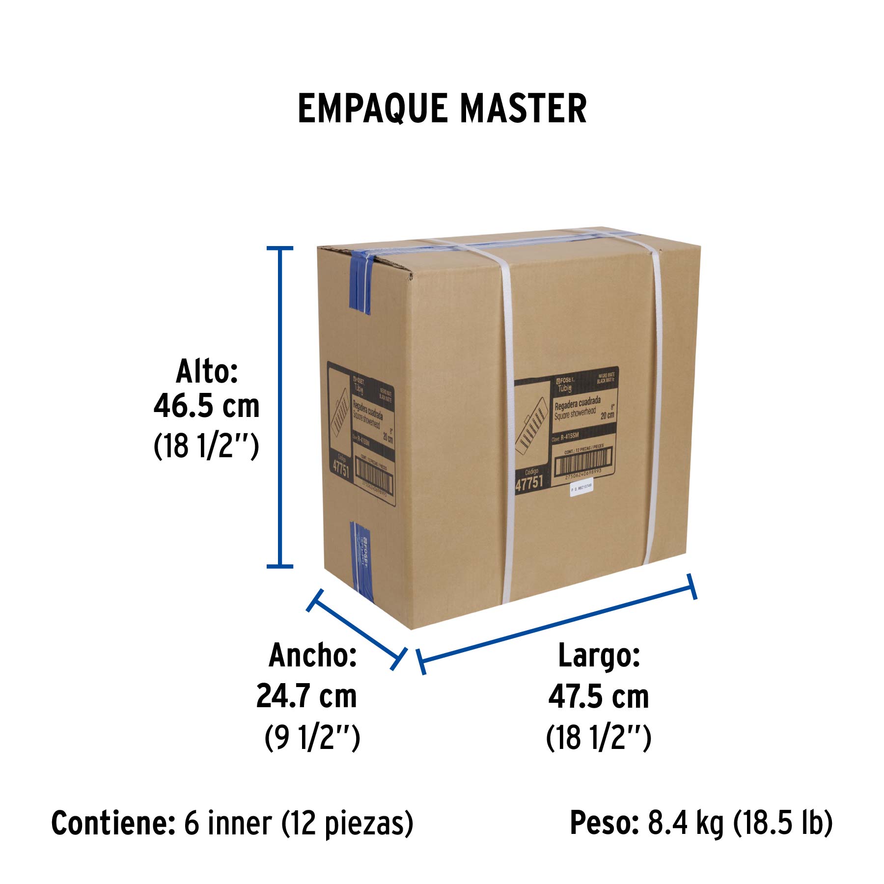 Regadera cuadrada 8", acero inox, sin brazo, negro, TÚBIG - Empaque
