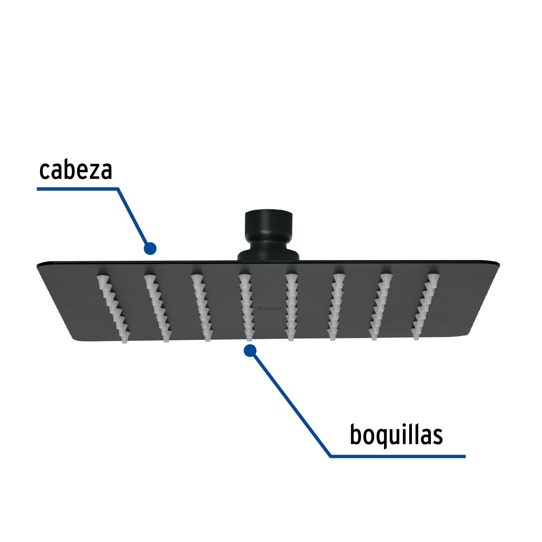 Regadera cuadrada 8", acero inox, sin brazo, negro, TÚBIG