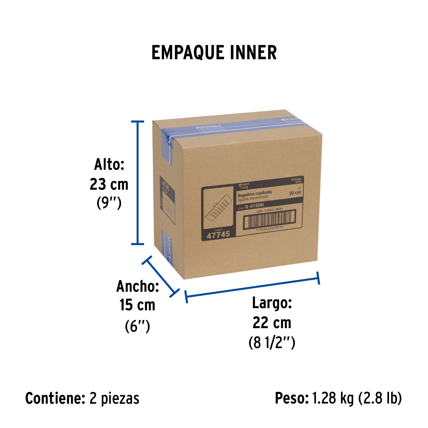 Regadera cuadrada 8", acero inox, sin brazo, satín, TÚBIG - Empaque