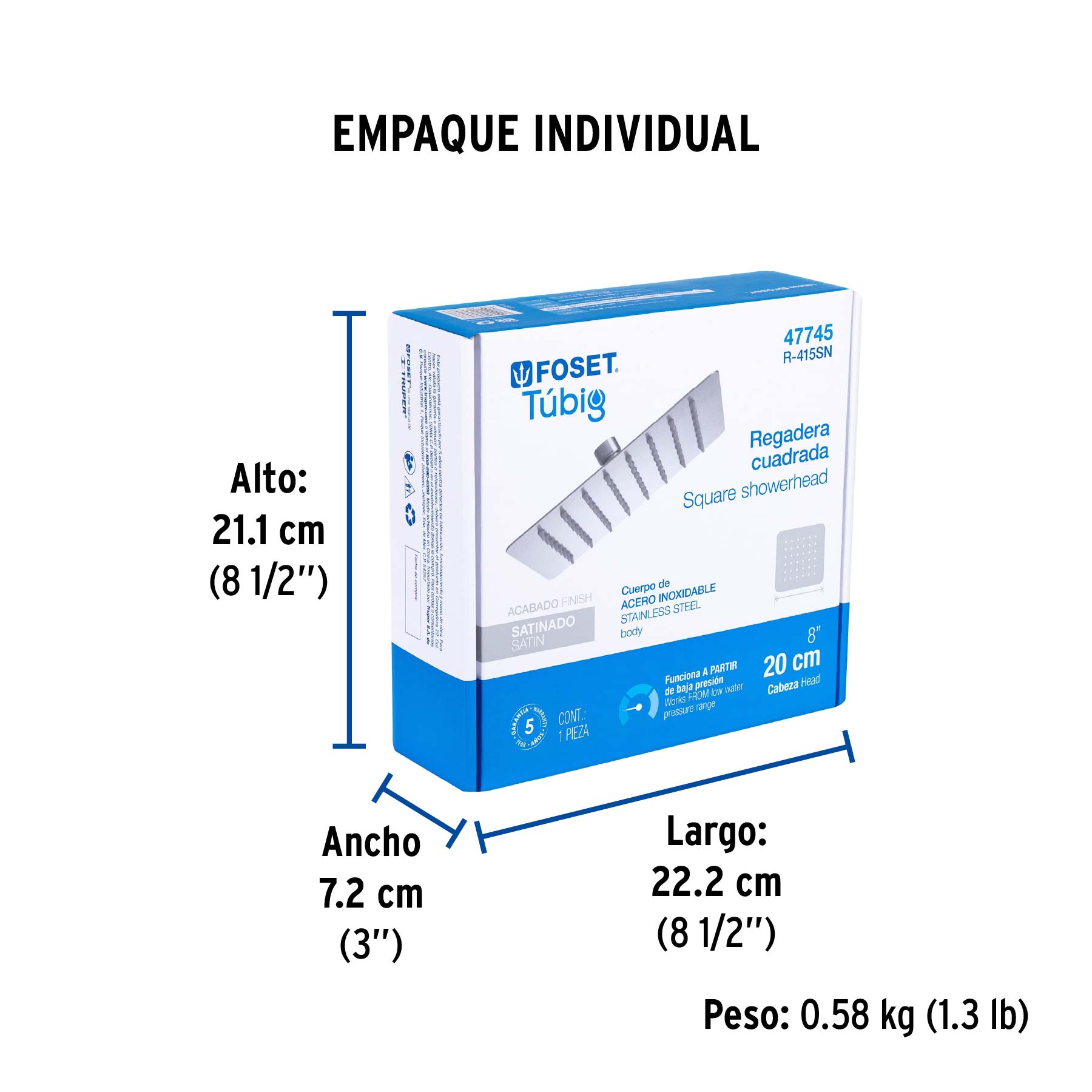 Regadera cuadrada 8", acero inox, sin brazo, satín, TÚBIG - Empaque