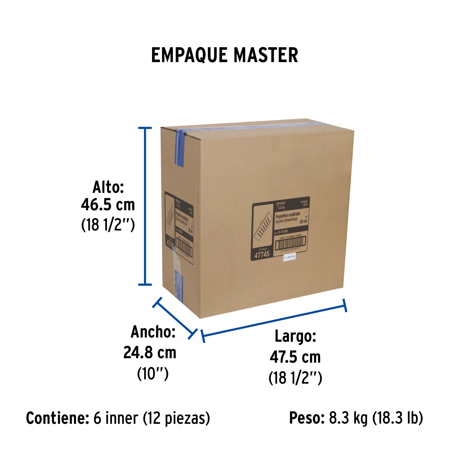 Regadera cuadrada 8", acero inox, sin brazo, satín, TÚBIG - Empaque