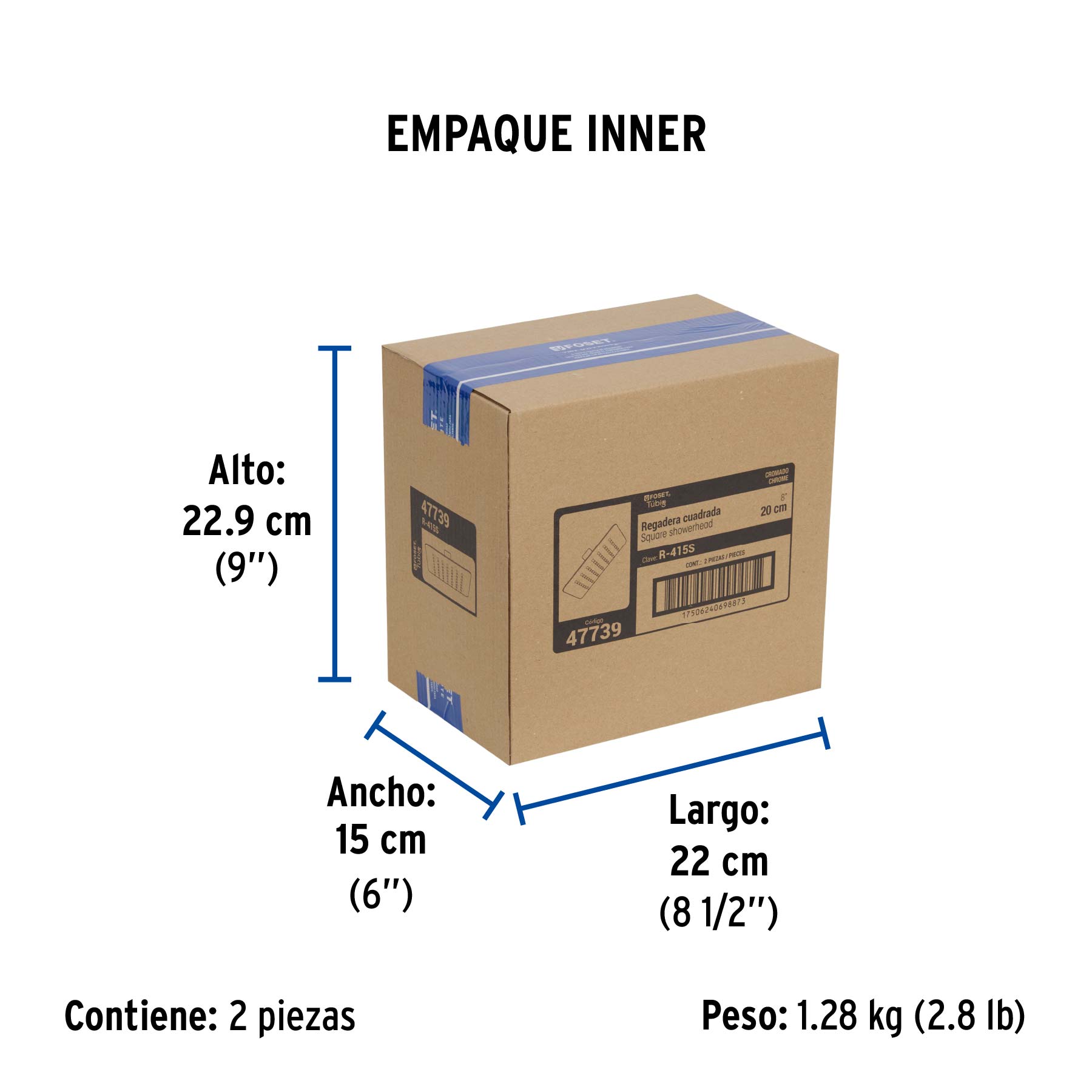 Regadera cuadrada 8", acero inox, sin brazo, cromo, TÚBIG - Empaque
