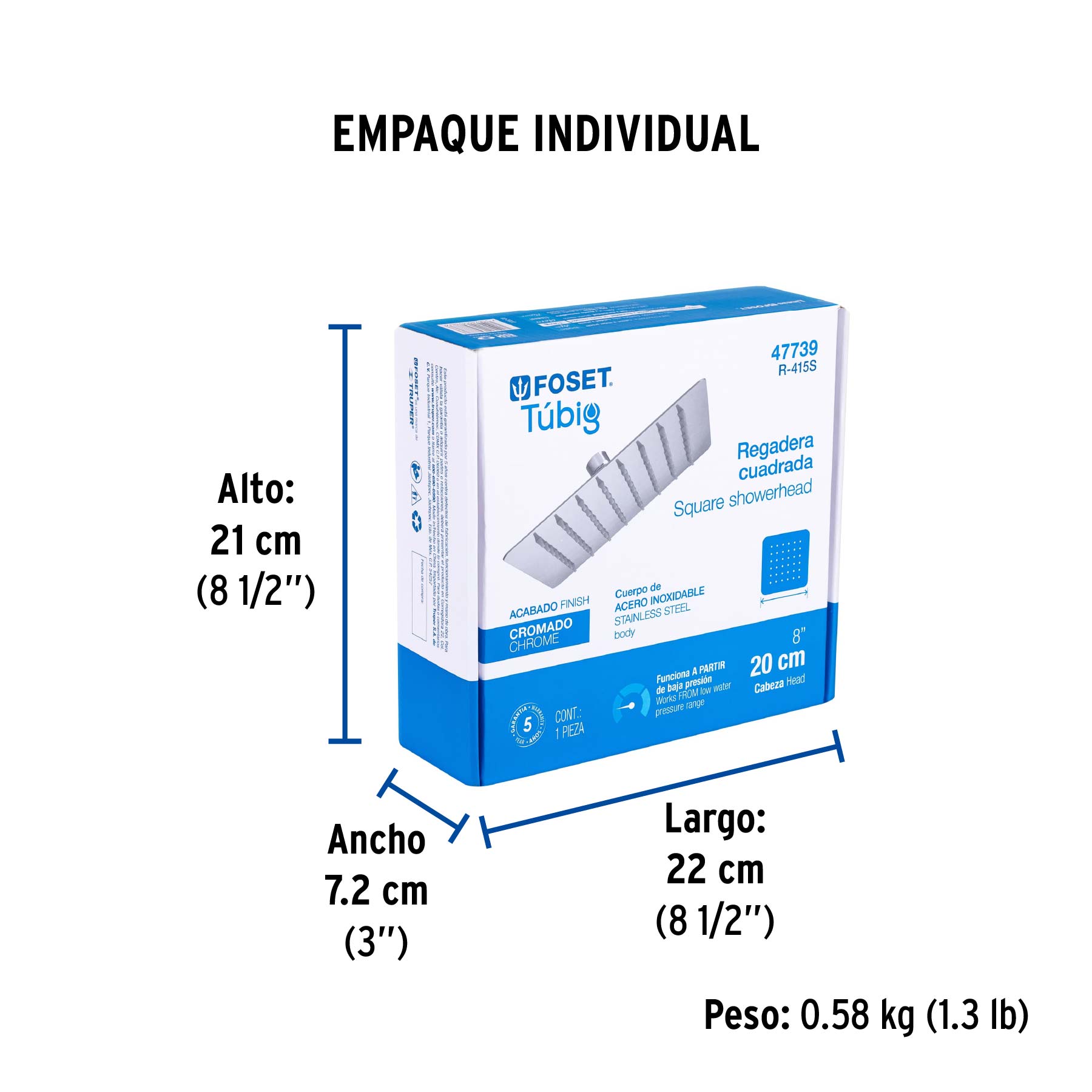 Regadera cuadrada 8", acero inox, sin brazo, cromo, TÚBIG - Empaque