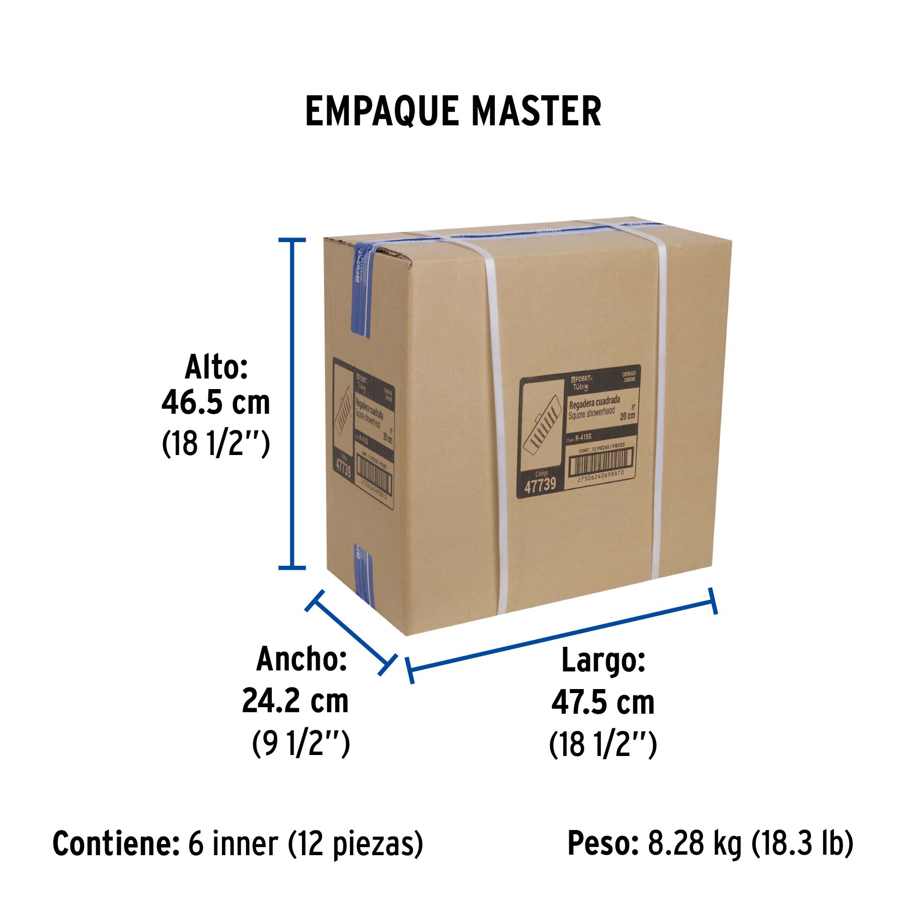 Regadera cuadrada 8", acero inox, sin brazo, cromo, TÚBIG - Empaque
