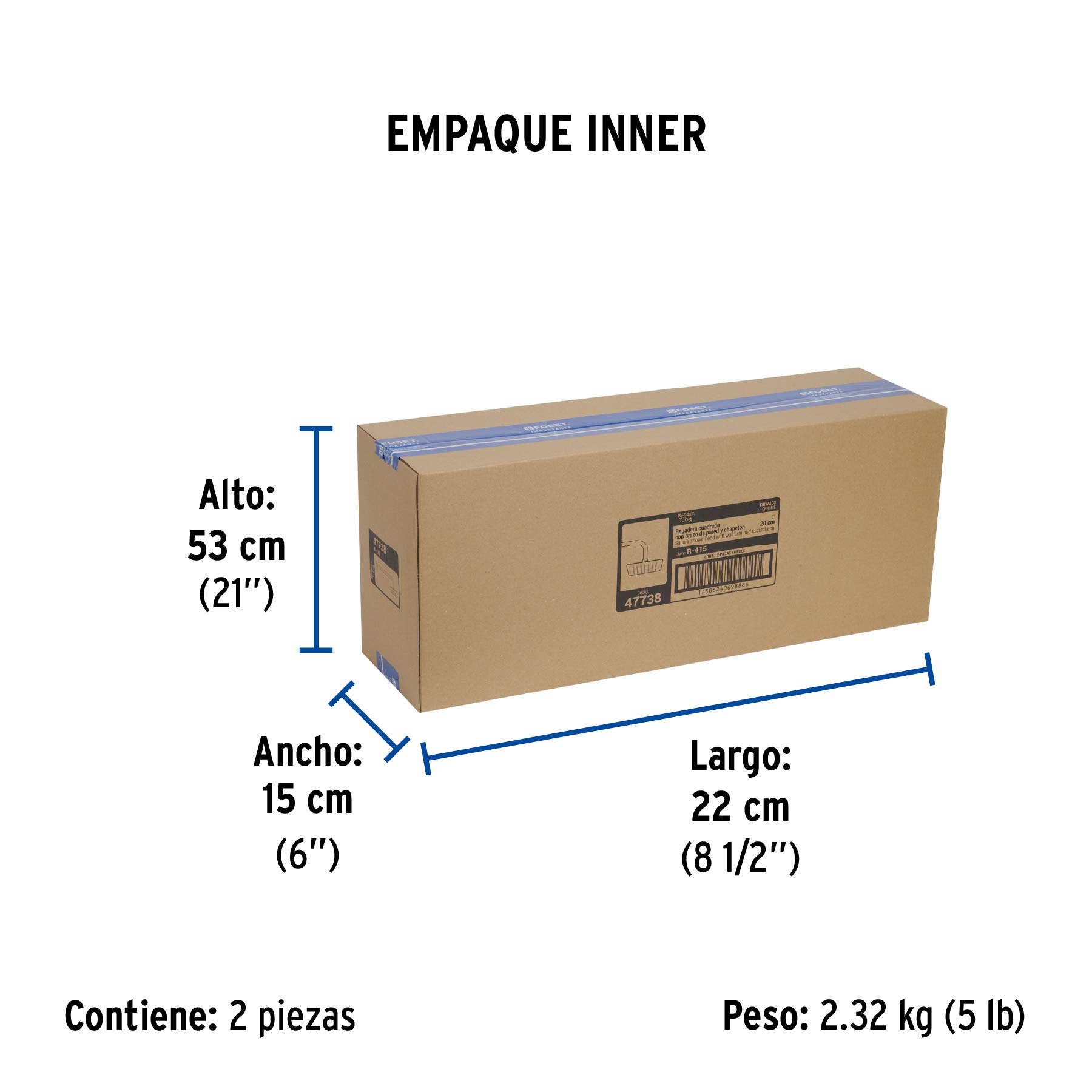 Regadera cuadrada 8", acero inox, con brazo, cromo, TÚBIG - Empaque