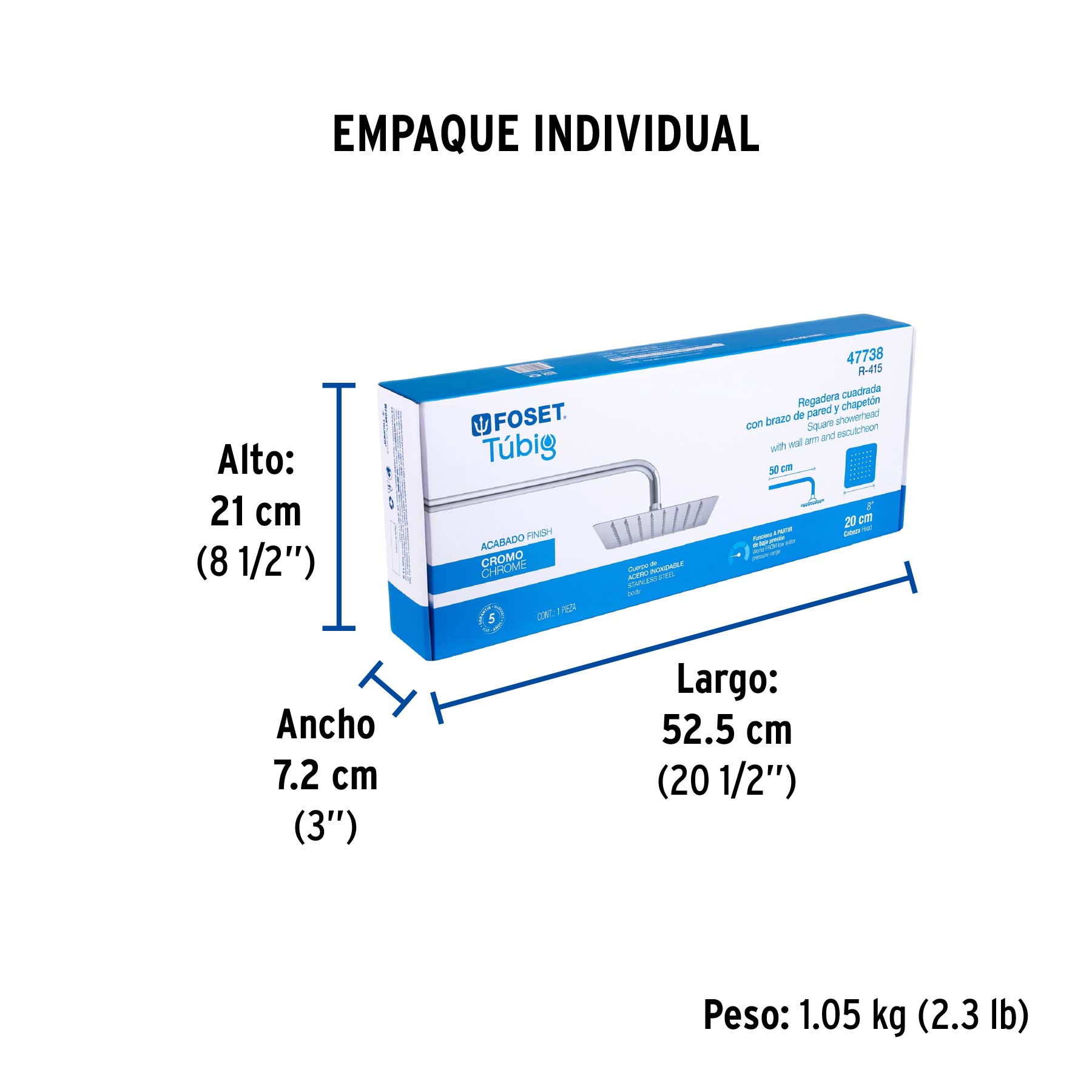 Regadera cuadrada 8", acero inox, con brazo, cromo, TÚBIG - Empaque