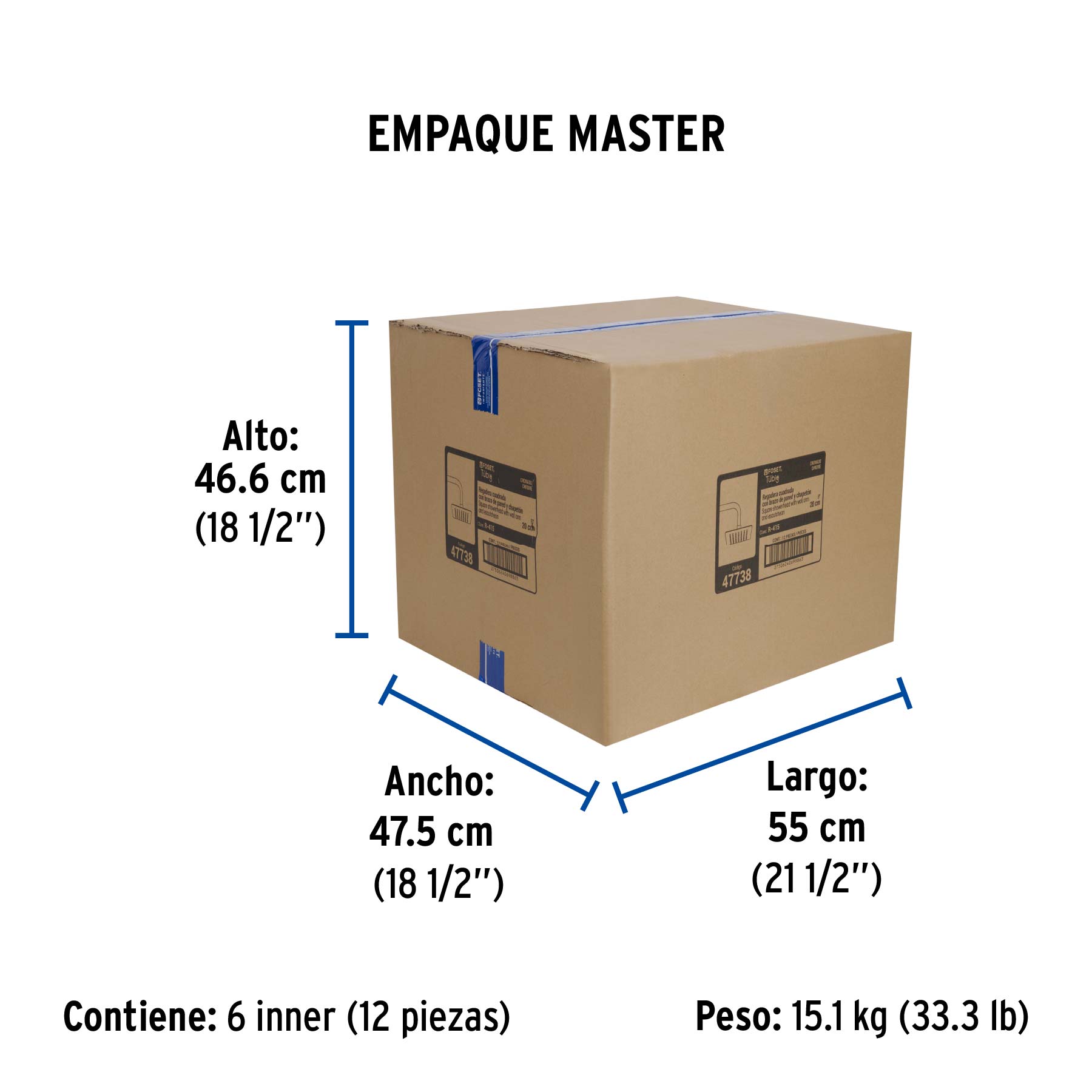 Regadera cuadrada 8", acero inox, con brazo, cromo, TÚBIG - Empaque
