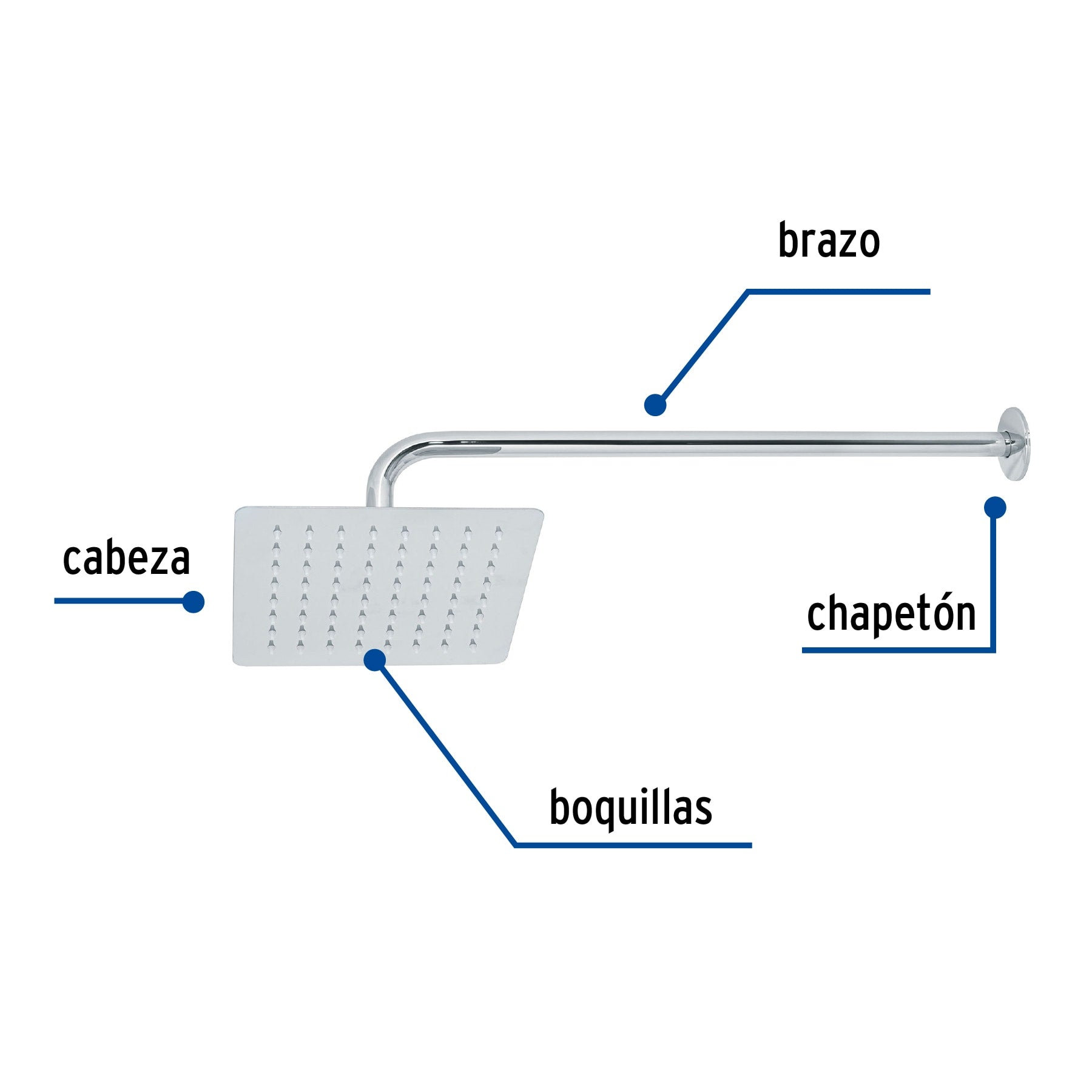 Regadera cuadrada 8", acero inox, con brazo, cromo, TÚBIG