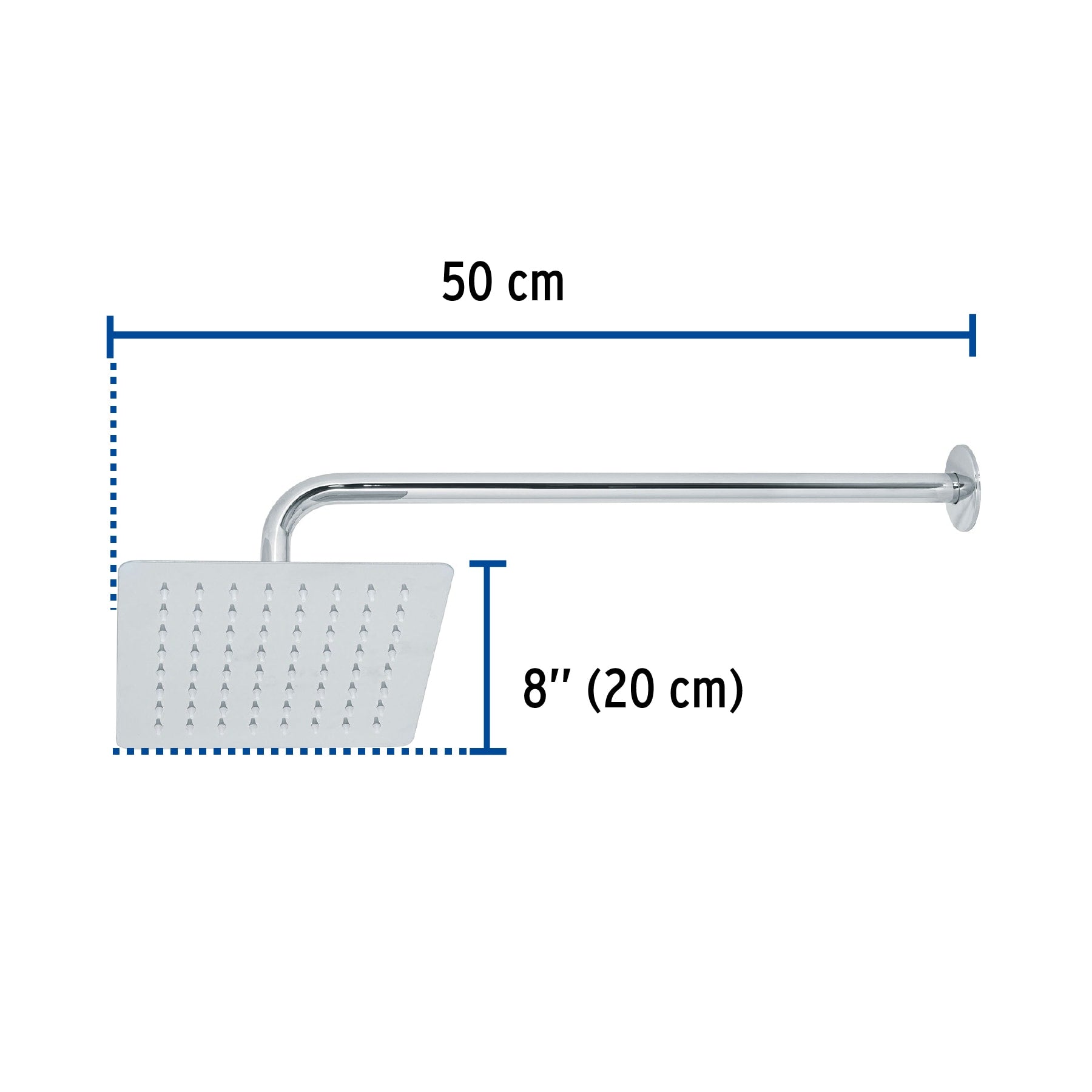 Regadera cuadrada 8", acero inox, con brazo, cromo, TÚBIG