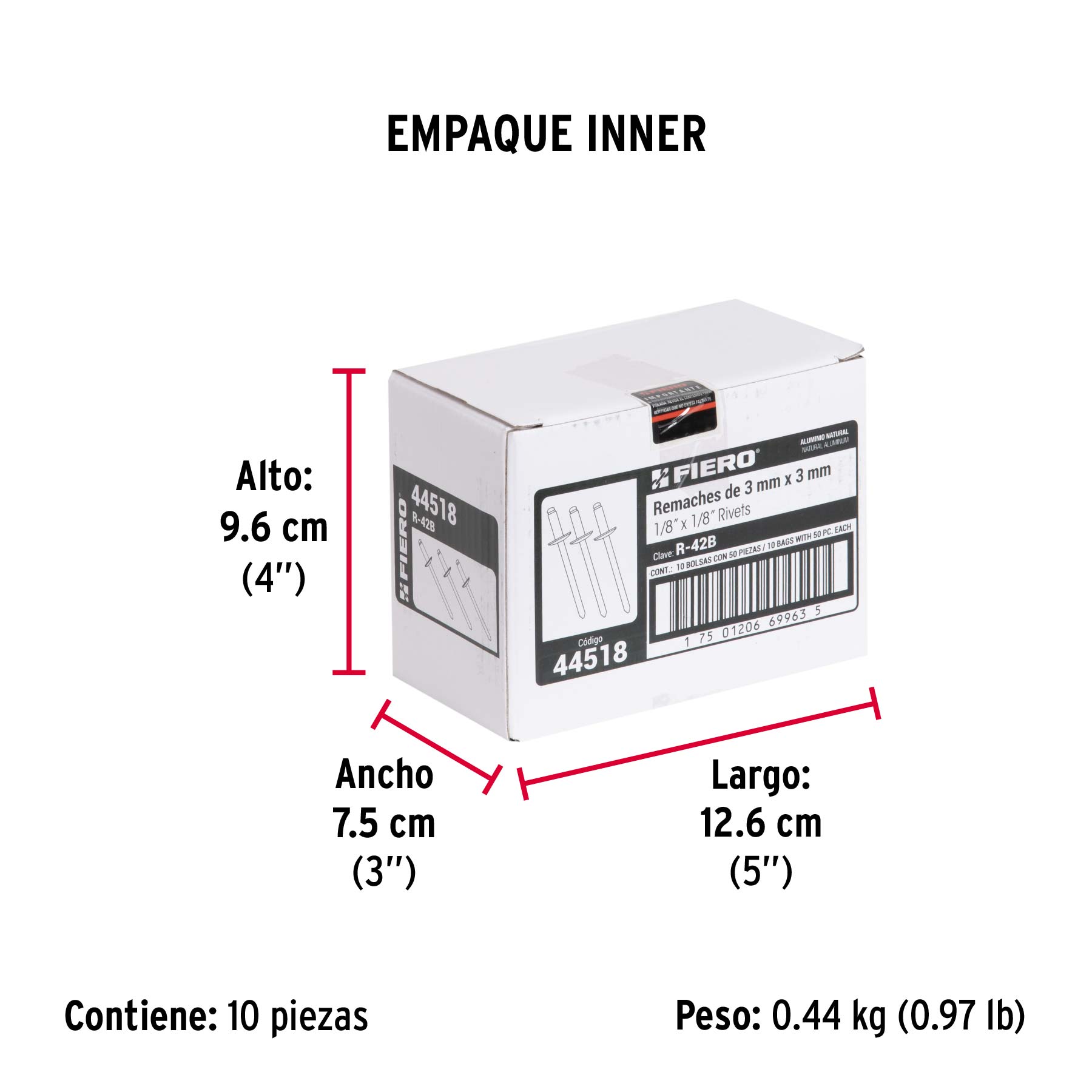 Bolsa con 50 remaches 1/8" x 1/8" de aluminio, ala 1/4" - Empaque