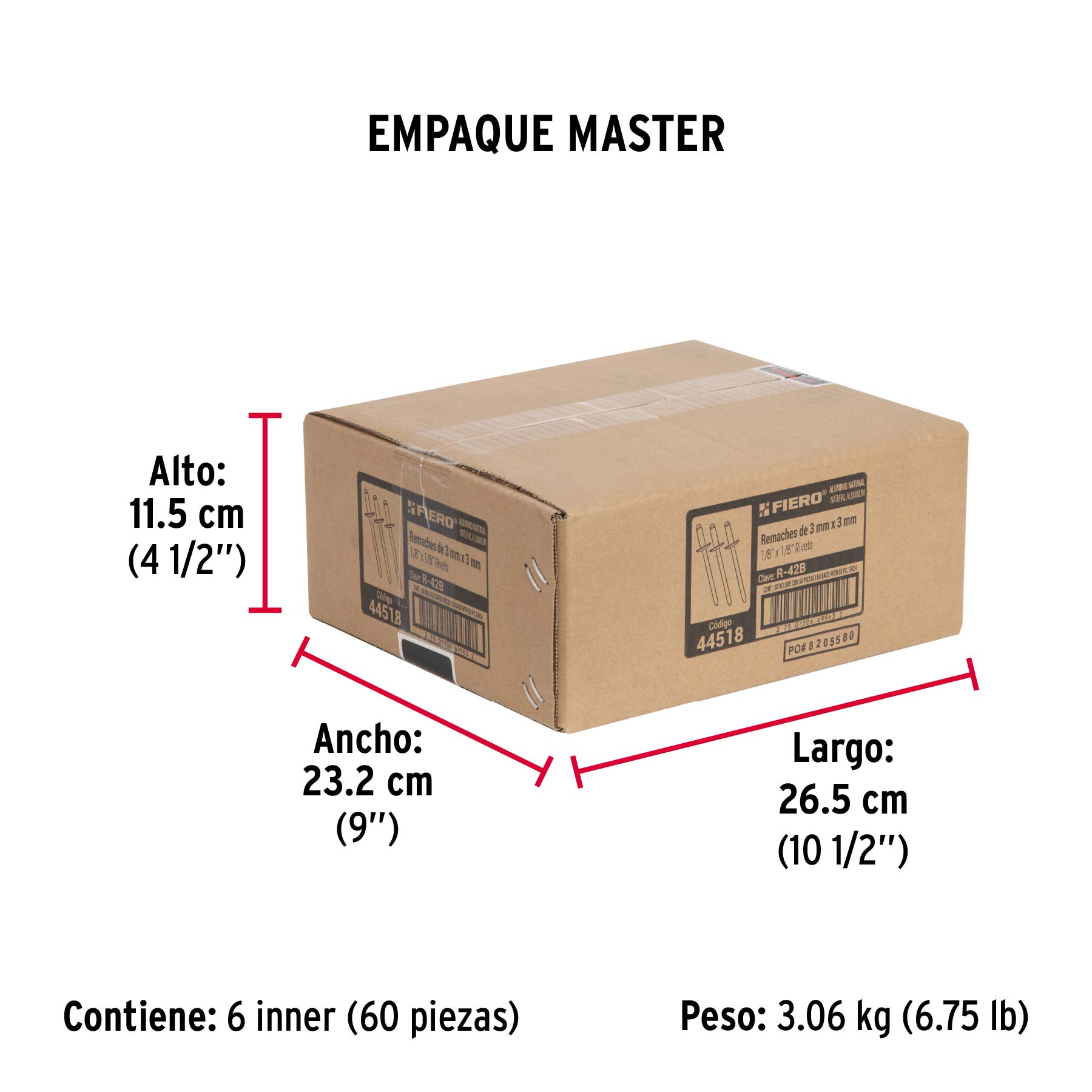 Bolsa con 50 remaches 1/8" x 1/8" de aluminio, ala 1/4" - Empaque