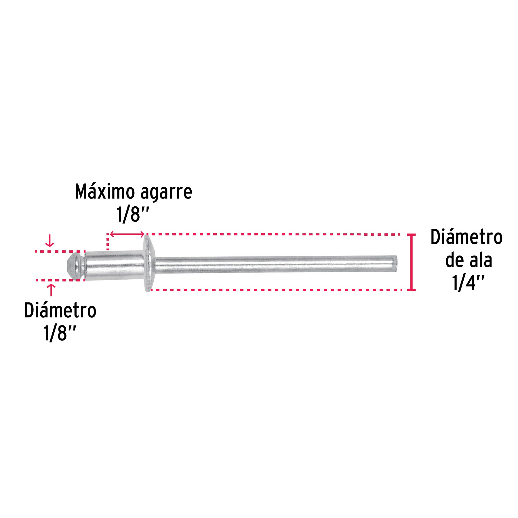 Bolsa con 50 remaches 1/8" x 1/8" de aluminio, ala 1/4"