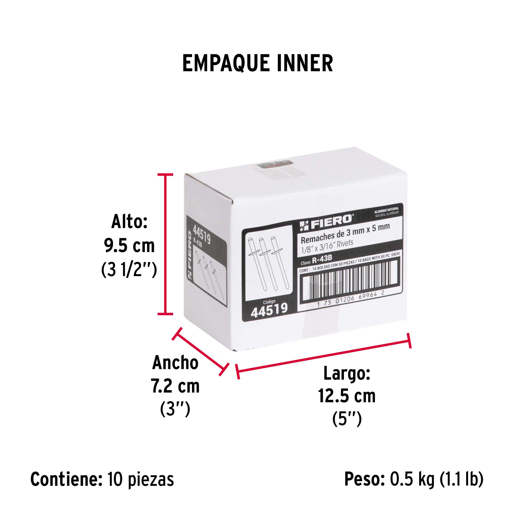 Bolsa con 50 remaches 1/8" x 3/16" de aluminio, ala 1/4" - Empaque
