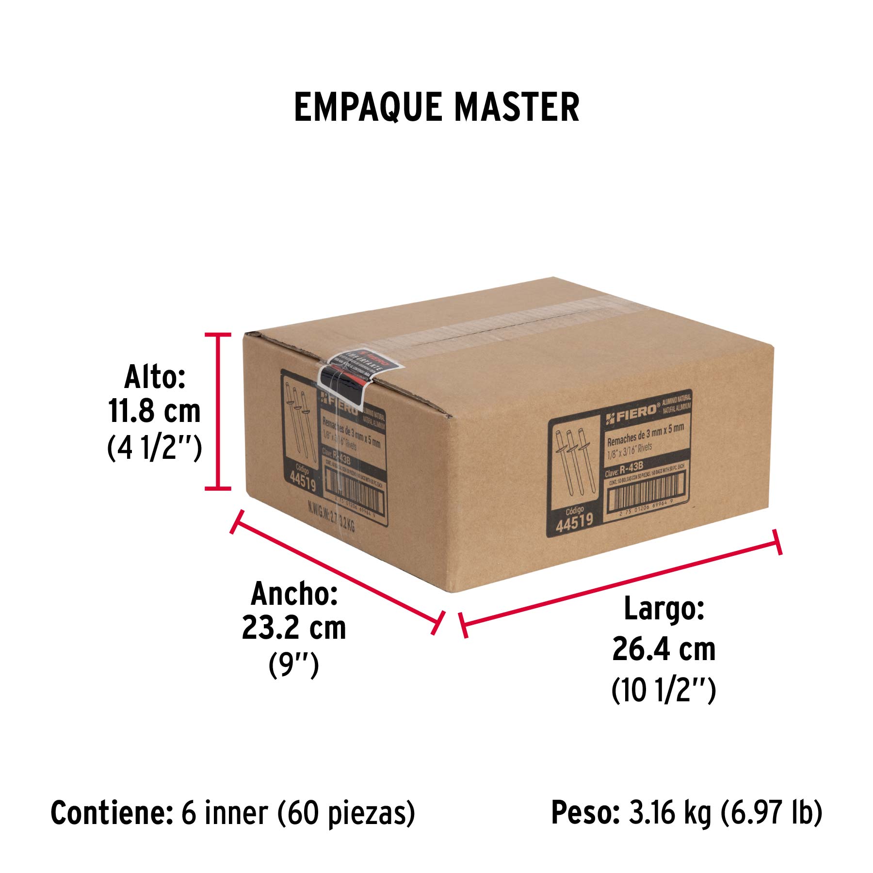 Bolsa con 50 remaches 1/8" x 3/16" de aluminio, ala 1/4" - Empaque