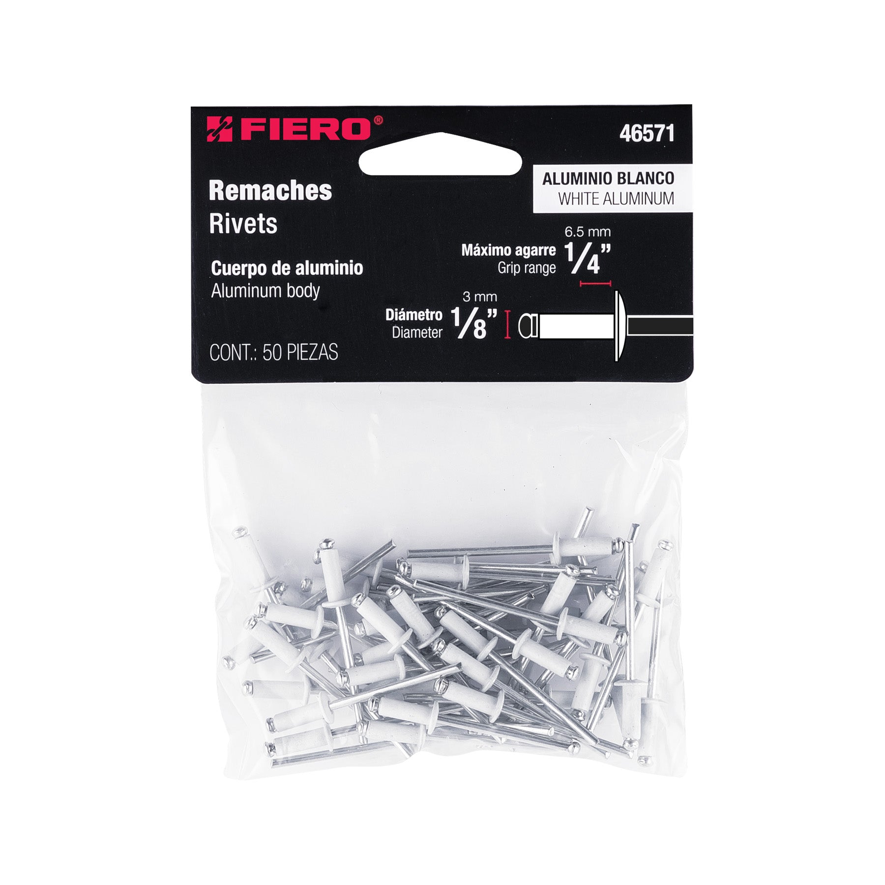 Bolsa c/50 remaches 1/8"x1/4" blancos de aluminio, ala 1/4"