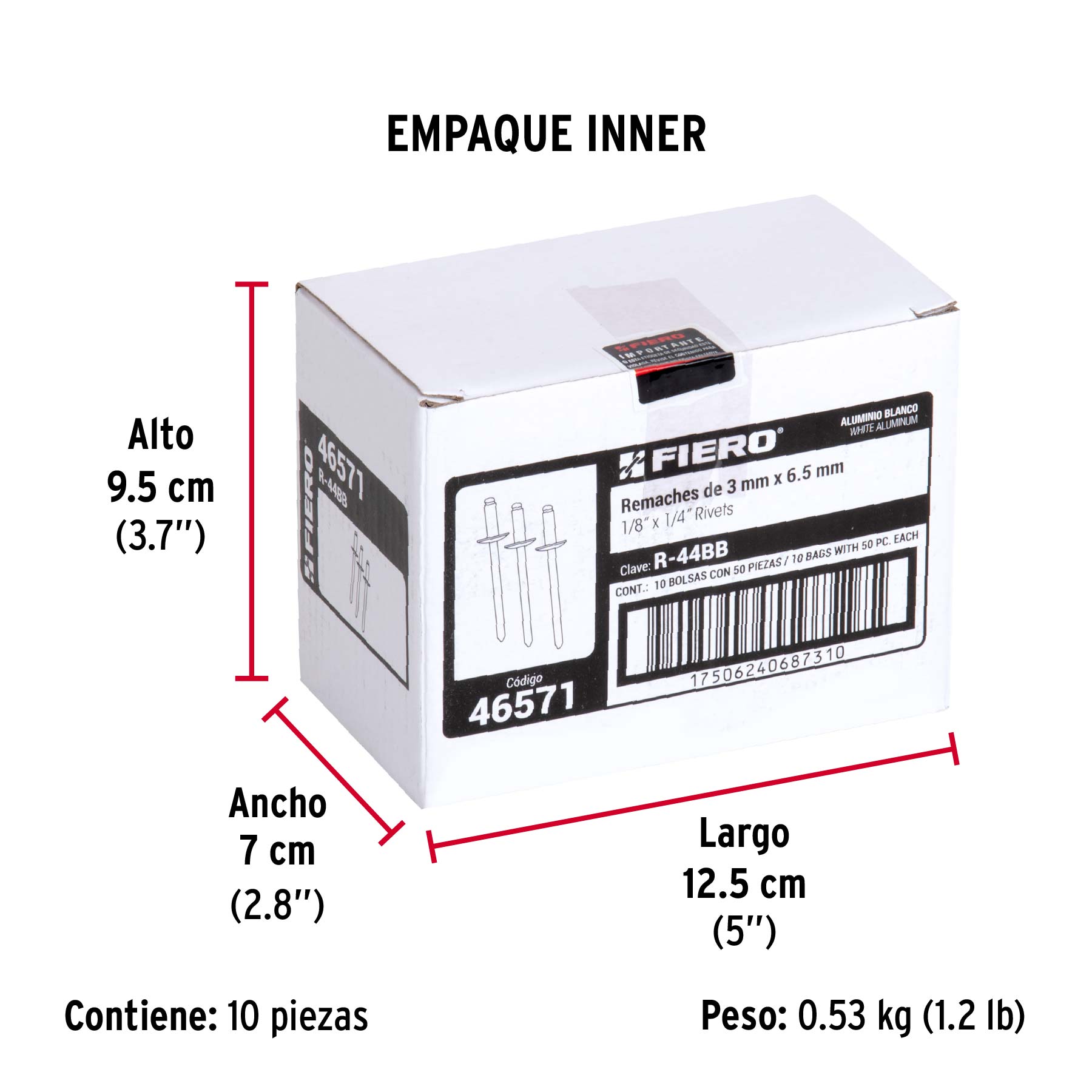 Bolsa c/50 remaches 1/8"x1/4" blancos de aluminio, ala 1/4" - Empaque