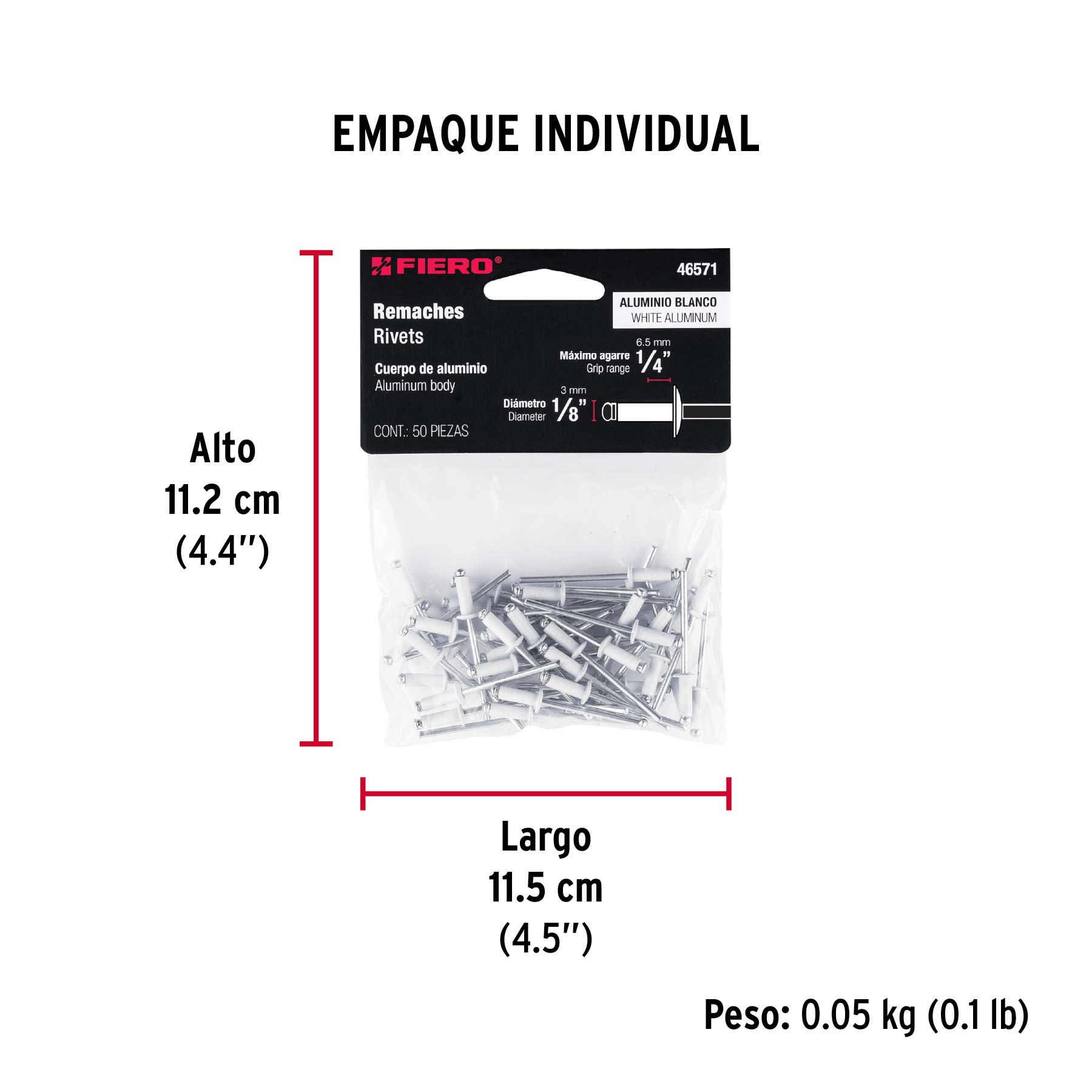 Bolsa c/50 remaches 1/8"x1/4" blancos de aluminio, ala 1/4" - Empaque
