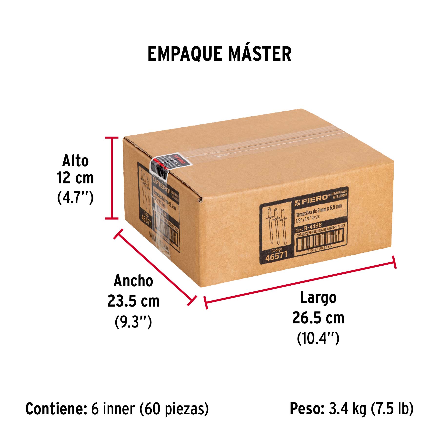 Bolsa c/50 remaches 1/8"x1/4" blancos de aluminio, ala 1/4" - Empaque