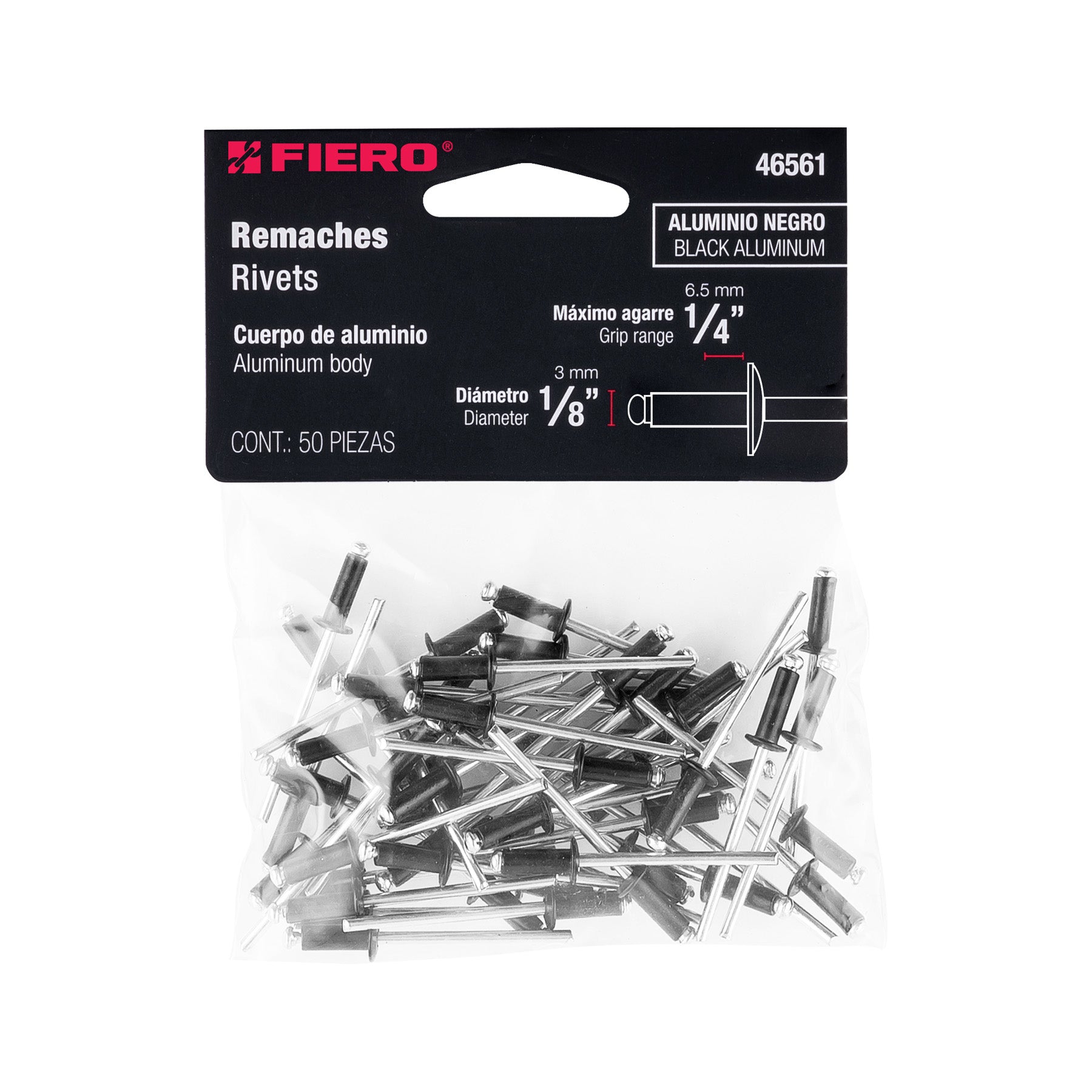 Bolsa c/50 remaches 1/8"x1/4" negros de aluminio, ala 1/4"