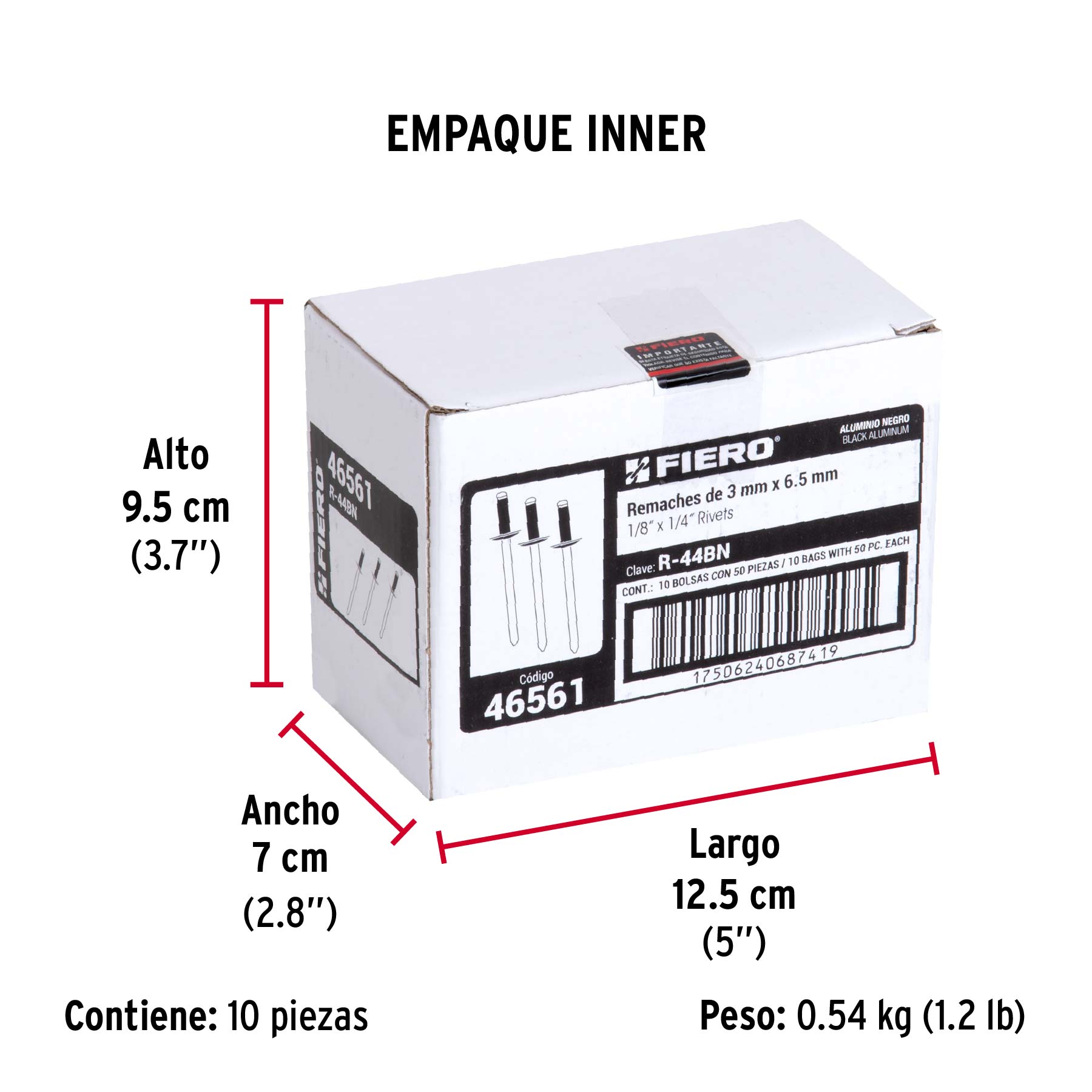 Bolsa c/50 remaches 1/8"x1/4" negros de aluminio, ala 1/4" - Empaque