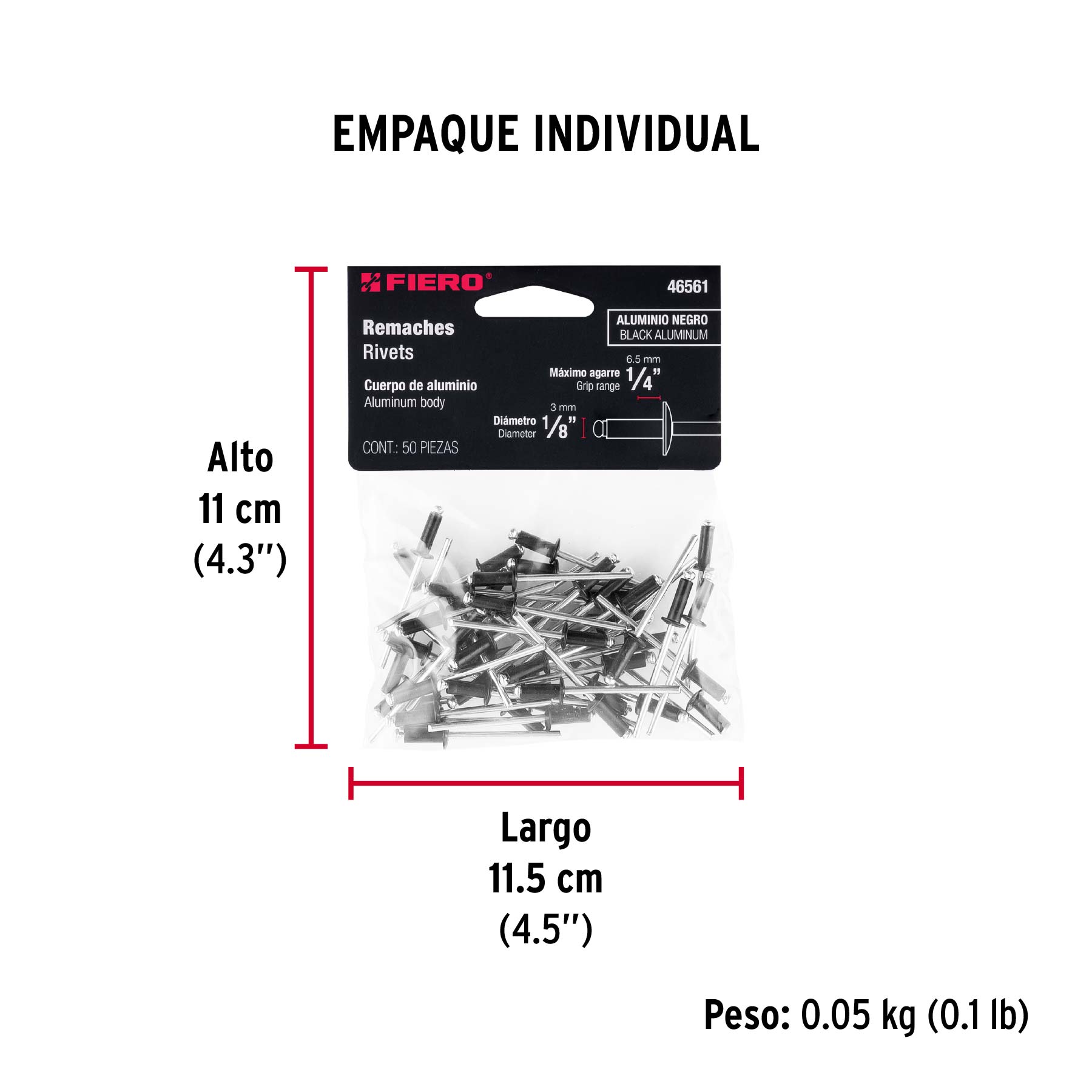 Bolsa c/50 remaches 1/8"x1/4" negros de aluminio, ala 1/4" - Empaque