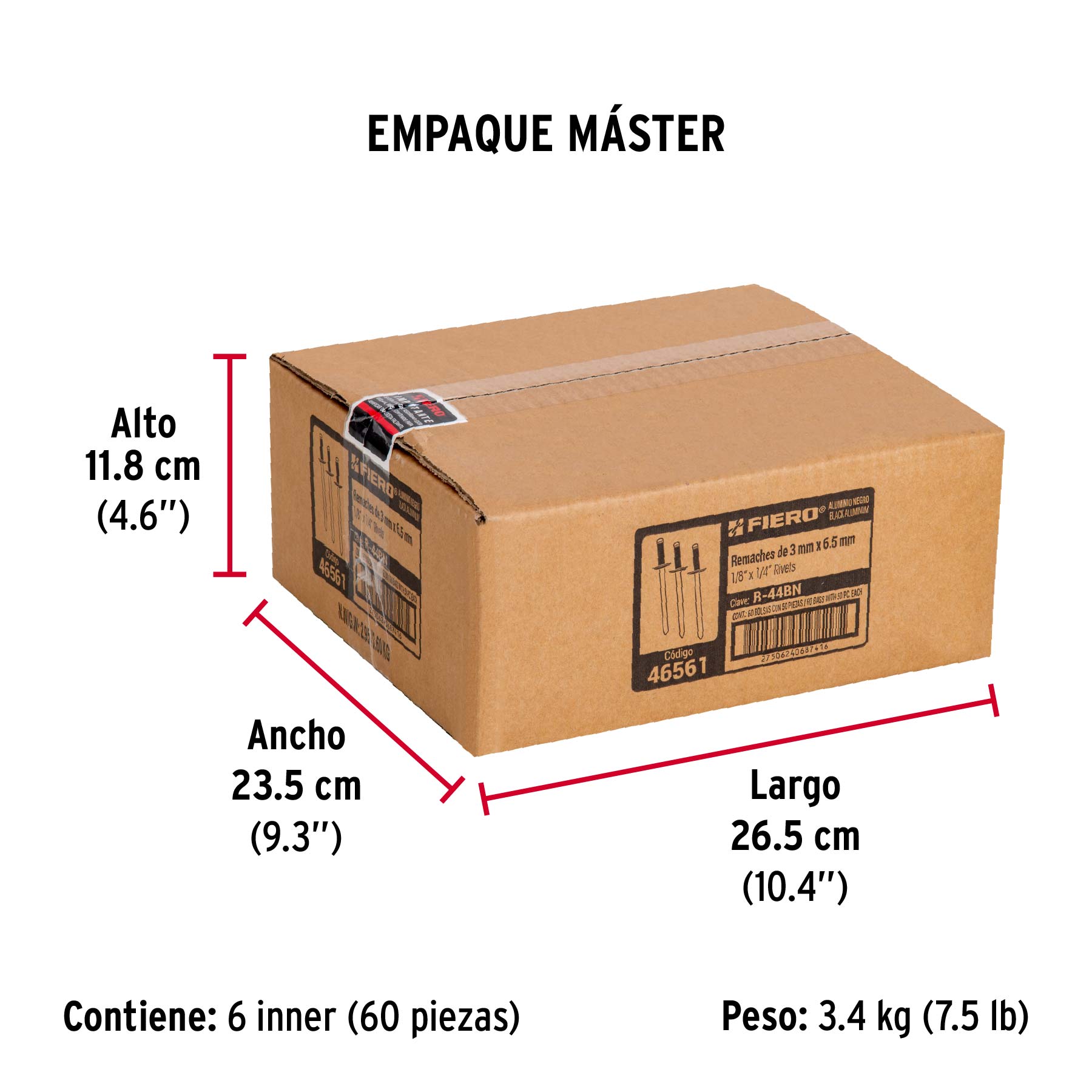 Bolsa c/50 remaches 1/8"x1/4" negros de aluminio, ala 1/4" - Empaque