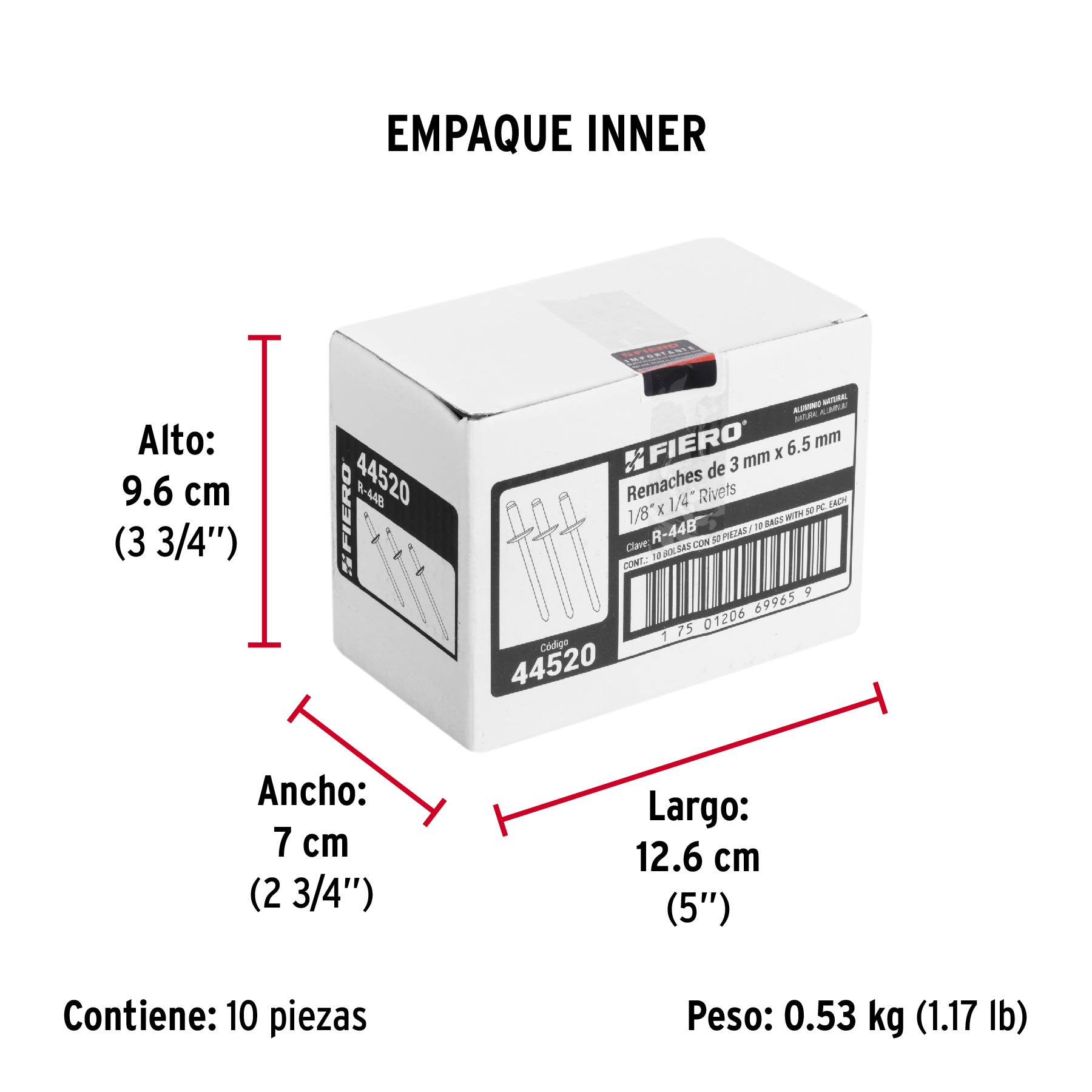 Bolsa con 50 remaches 1/8" x 1/4" de aluminio, ala 1/4" - Empaque