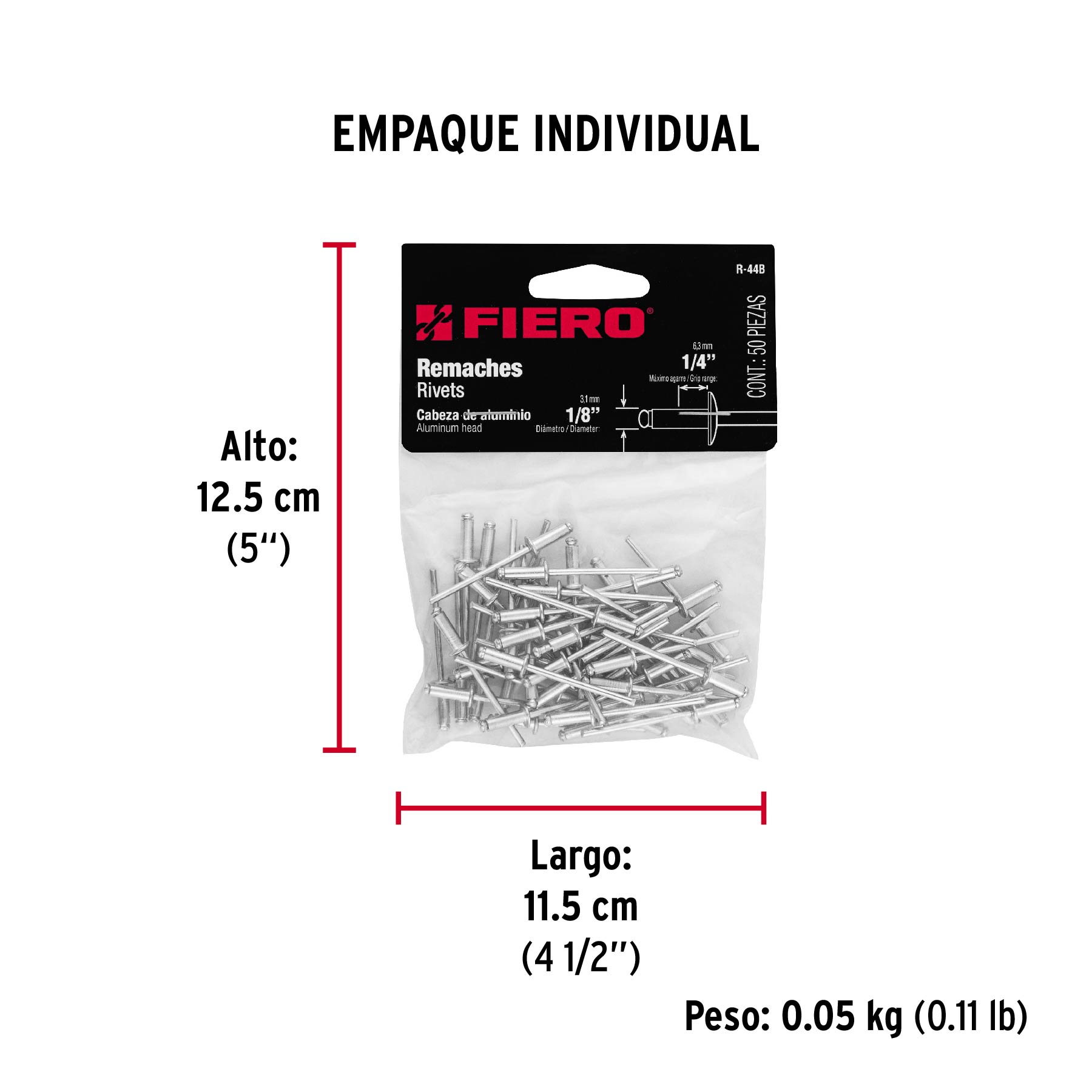Bolsa con 50 remaches 1/8" x 1/4" de aluminio, ala 1/4" - Empaque