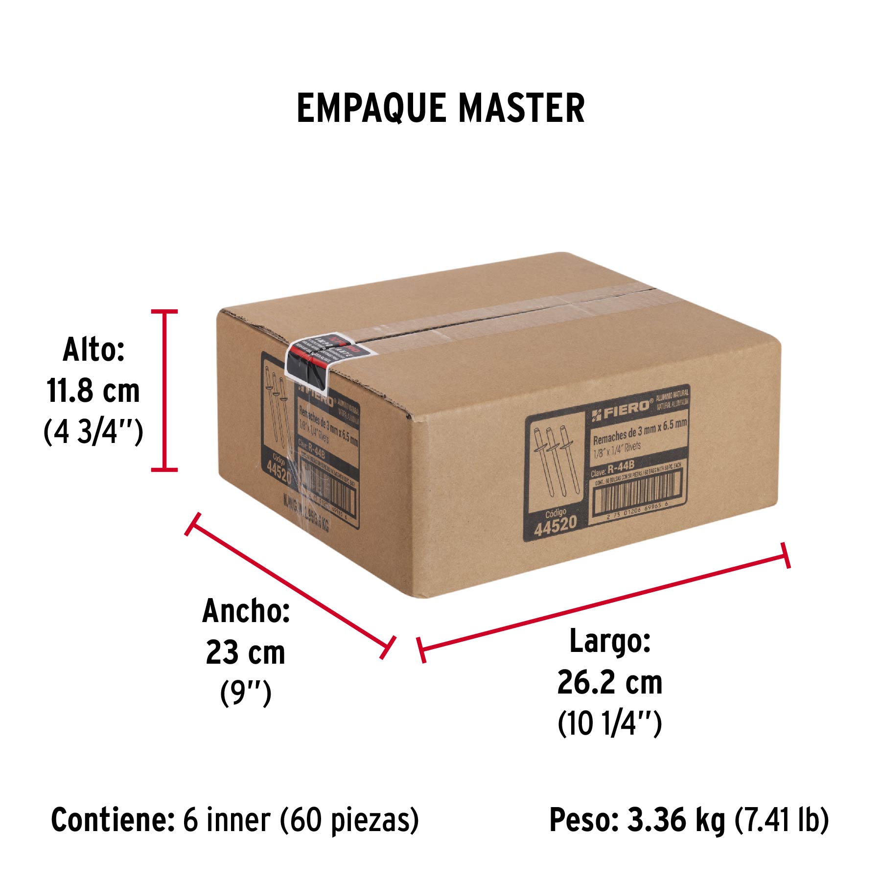 Bolsa con 50 remaches 1/8" x 1/4" de aluminio, ala 1/4" - Empaque